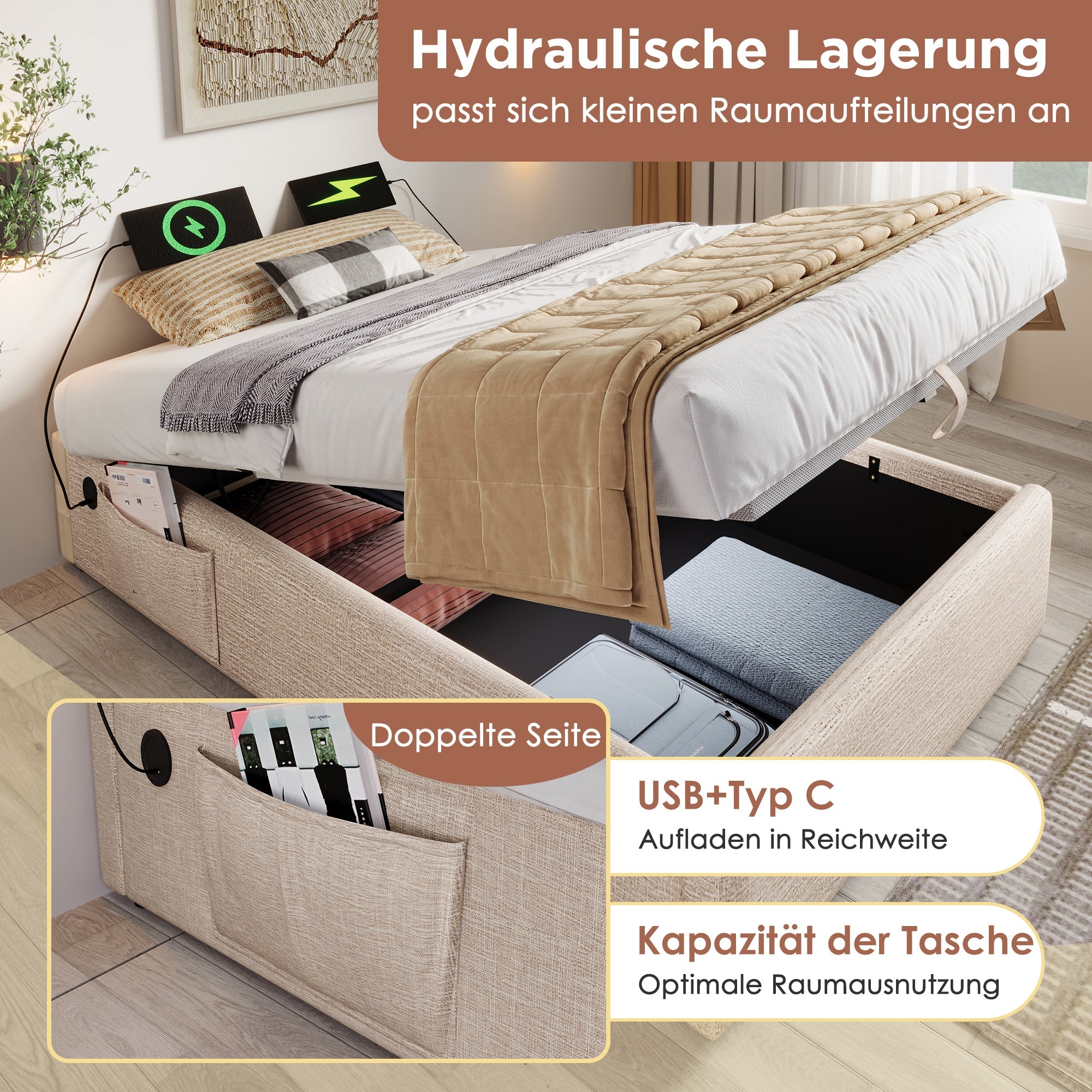 Upholstered Double Bed with Storage and USB-C, 160x200cm, Natural Linen