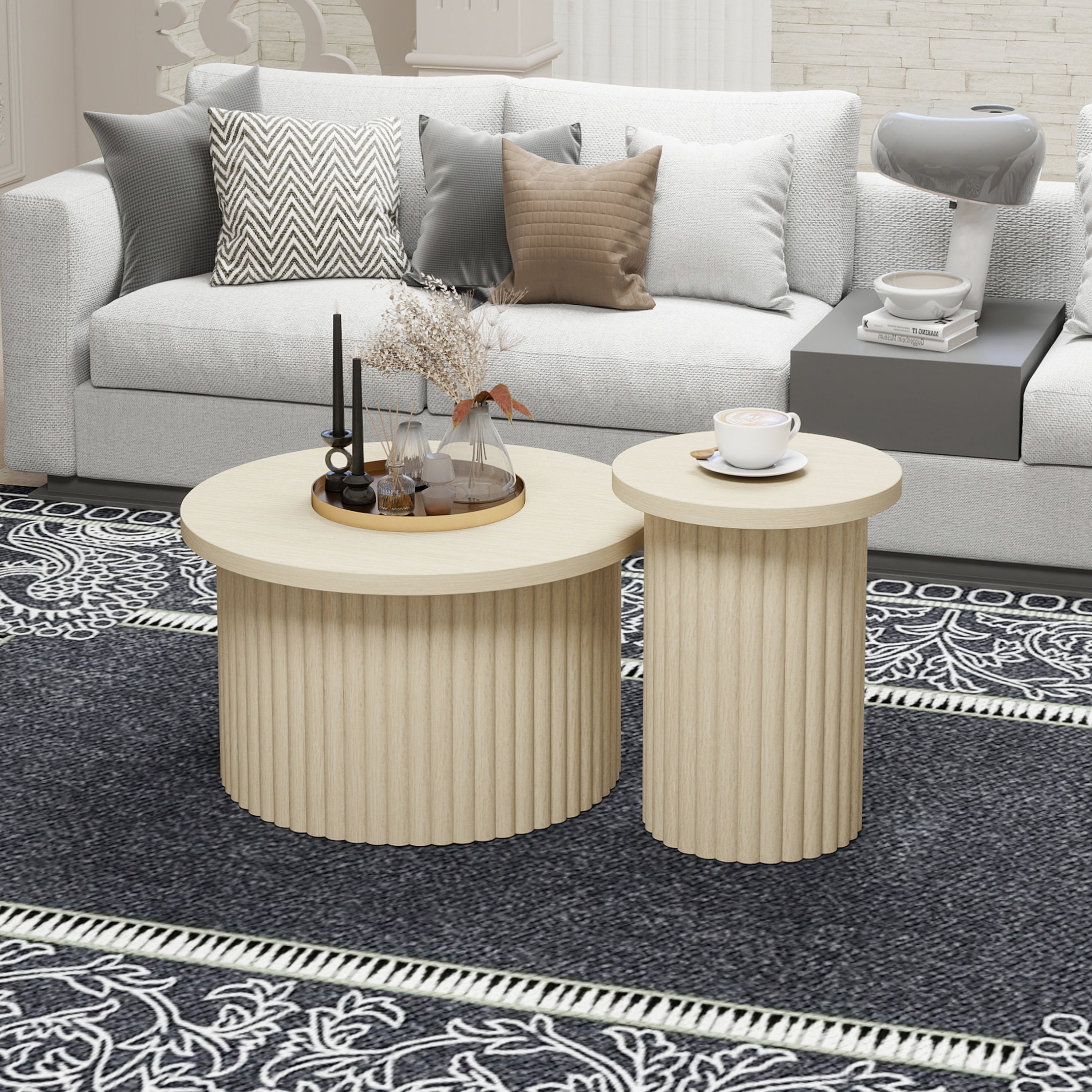 Coffee Table Set, Round 2-Pack Side Table, Natural Wood