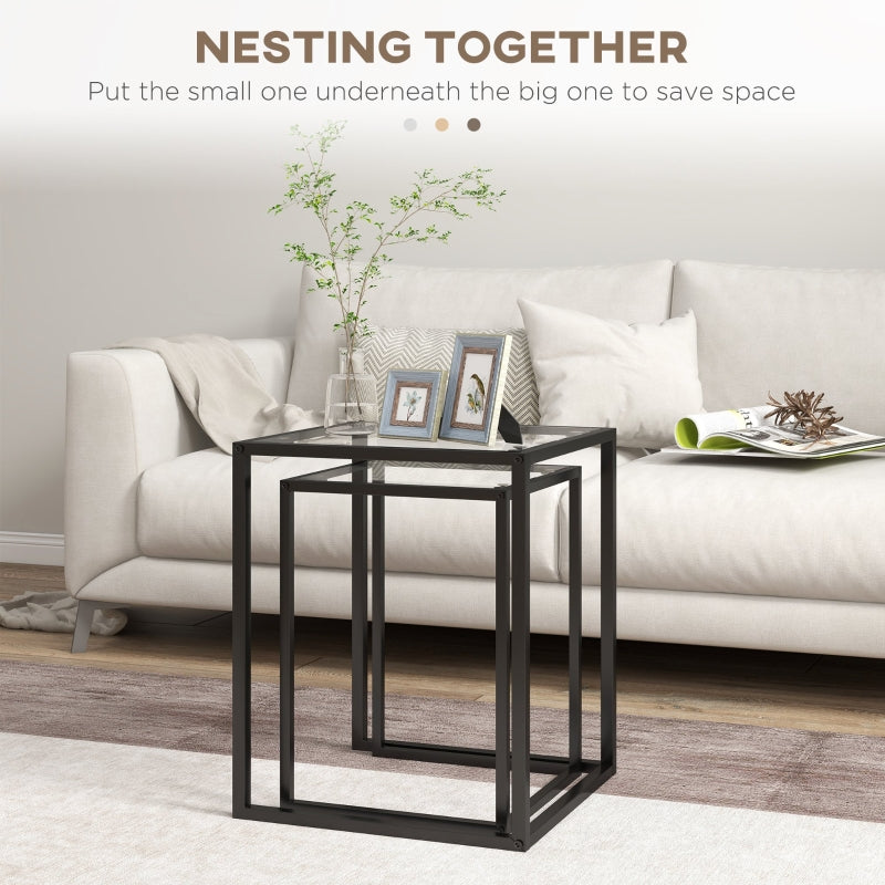 Nesting Tables Set of 2, Side End Table with Tempered Glass Top and Steel Frame, Black