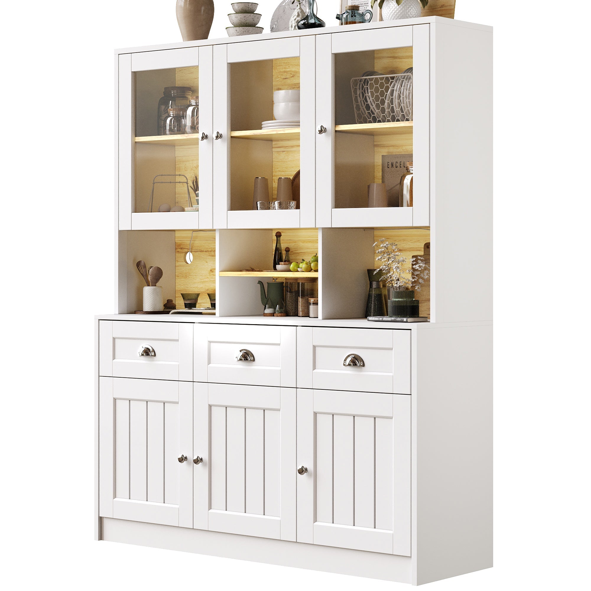 Tall Kitchen Cabinet 140x40x175cm Adjustable Shelves LED Lighting White/Black