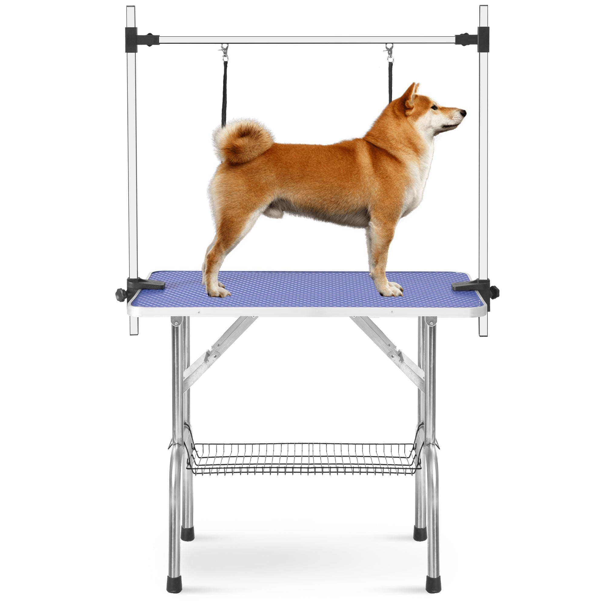 Professional Foldable Dog Grooming Table, Adjustable Arm Heavy-Duty, BLUE Rubber Mat