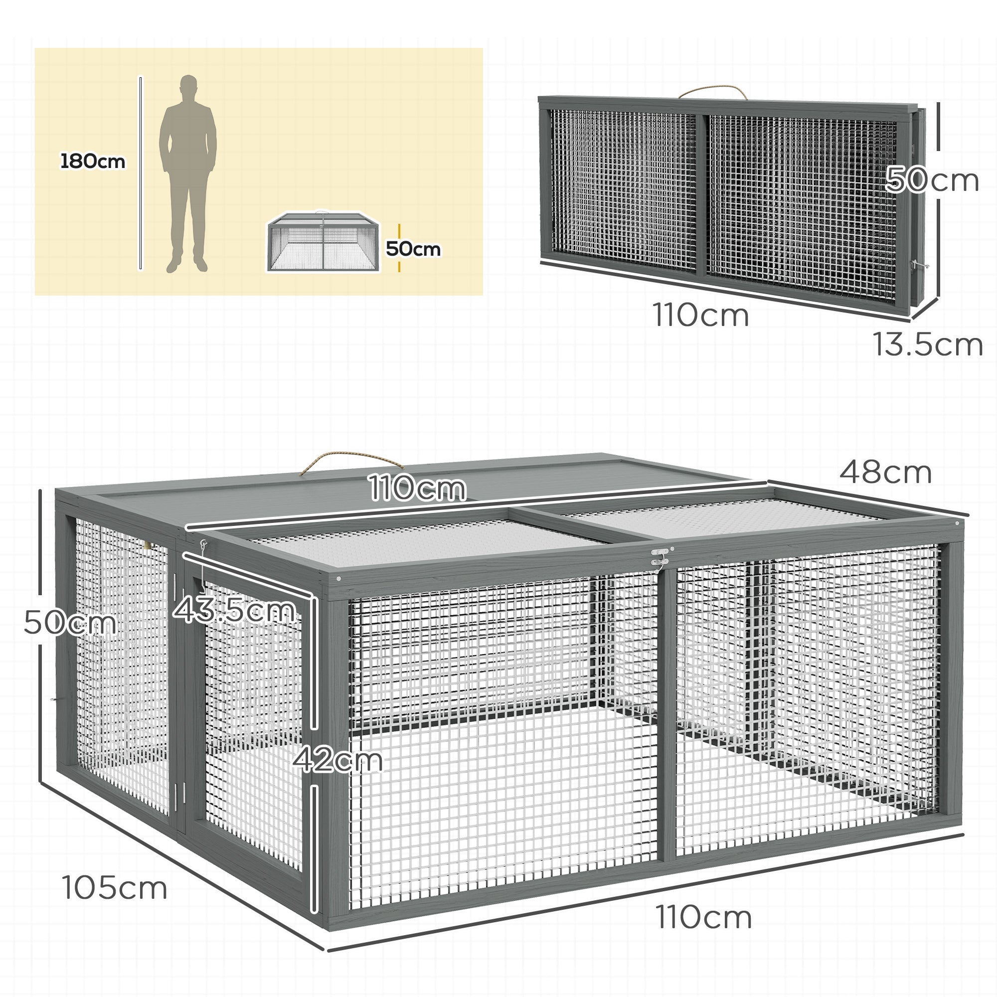 Rabbit Hutch Foldable Cage with Run Hinged Roof, Natural Wood