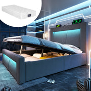 Single Hydraulic Bed 90x200 cm with LED, Storage, Charging Ports and Mattress, Grey Velvet