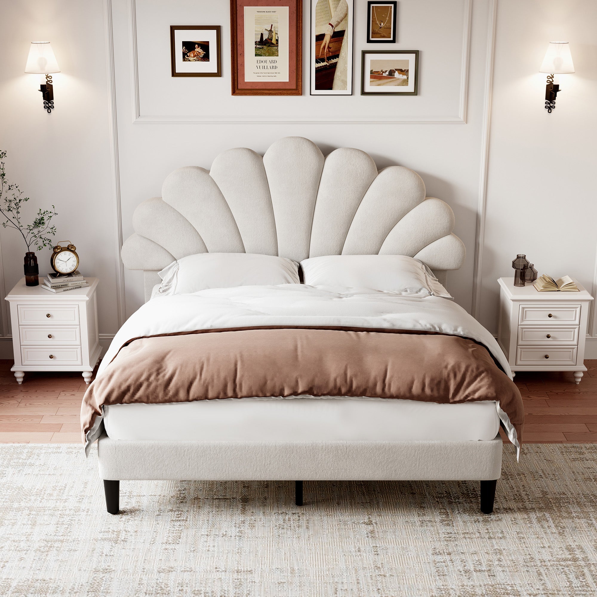 4ft6 Double Upholstered Velvet Bed Frame, Adjustable Chic Petal Headboard, Beige