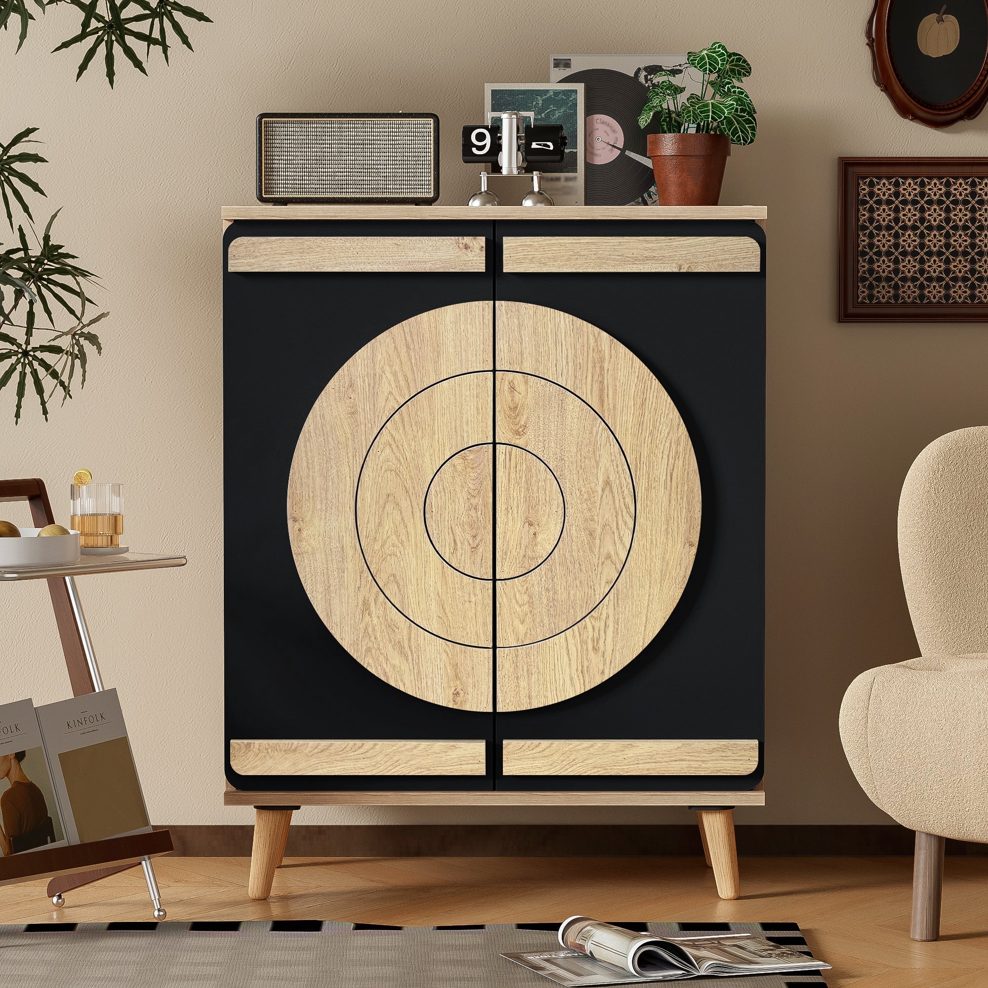 Modern Shoe Cabinet with Geometric Doors and Multi-Level Storage, Black and Natural Wood