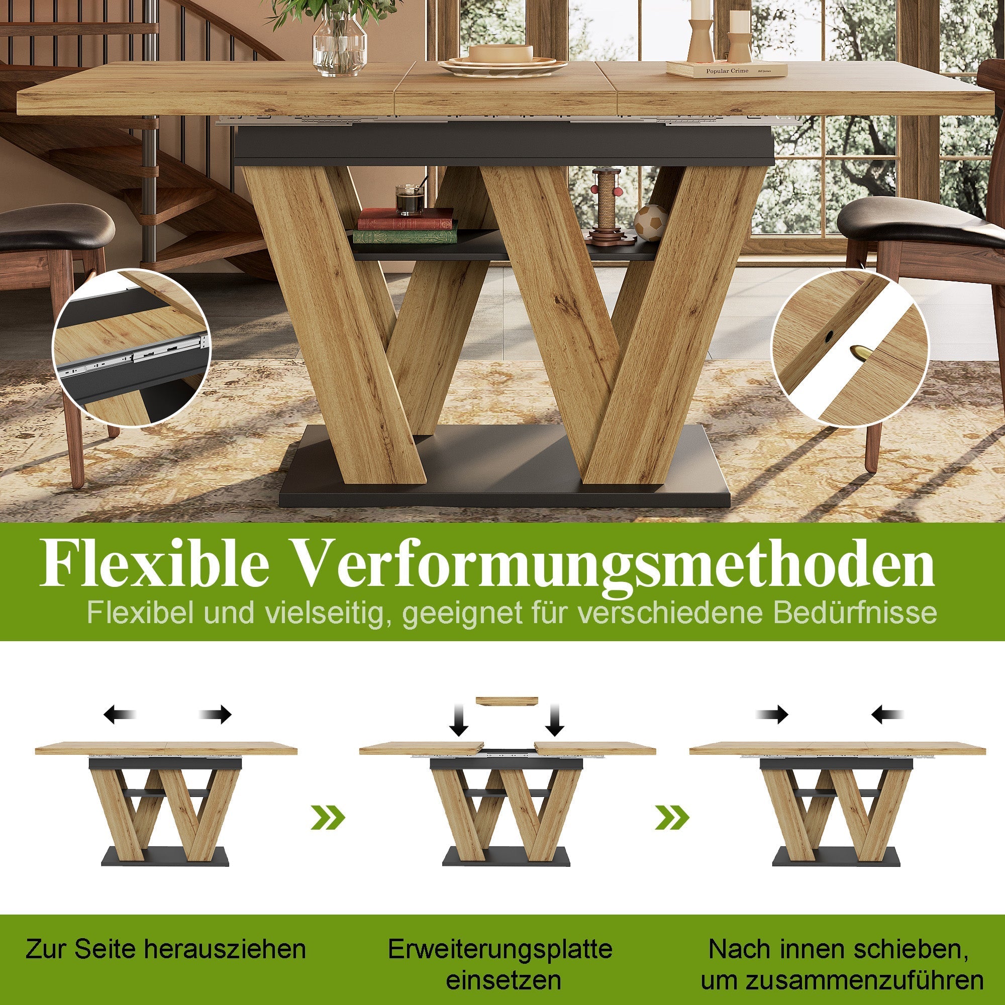 Telescopic Dining Table Extendable 119-158.5x80cm W-Legs - Natural Wood
