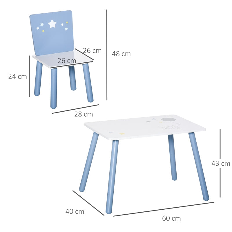 3 Pcs Kids Table & Chairs Set, Wood Legs Safe Corners Cute Stars Seating, Blue