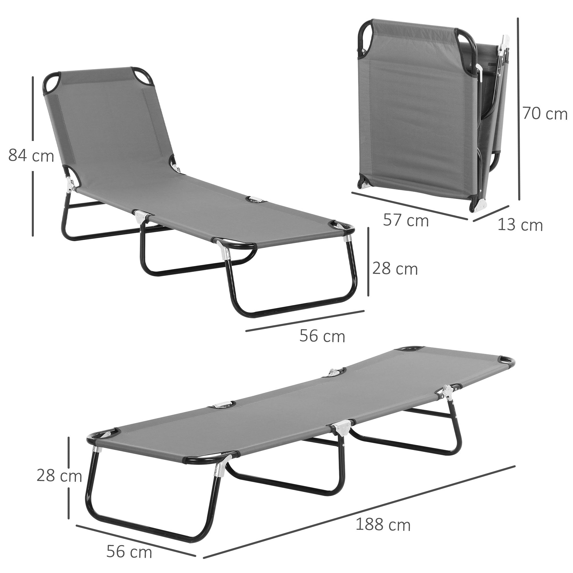 Sun Lounger, Adjustable Backrest Camping Deck Chair, 188x56x28cm Steel