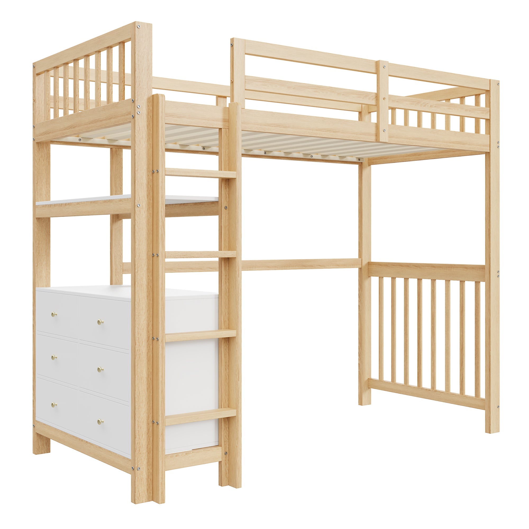 Loft Bed 90*200cm with Ladder, Drawers, Shelves, Pinewood, White & Wood