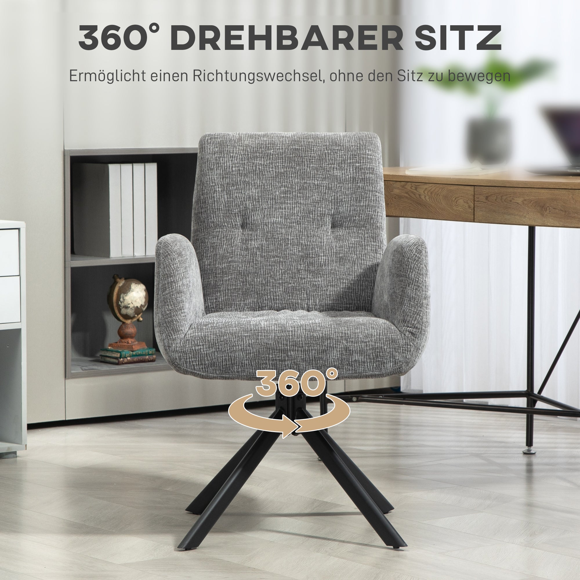 Swivel Lounge Chair, Upholstered with Button Stitching, Dark Grey Wool-Linen