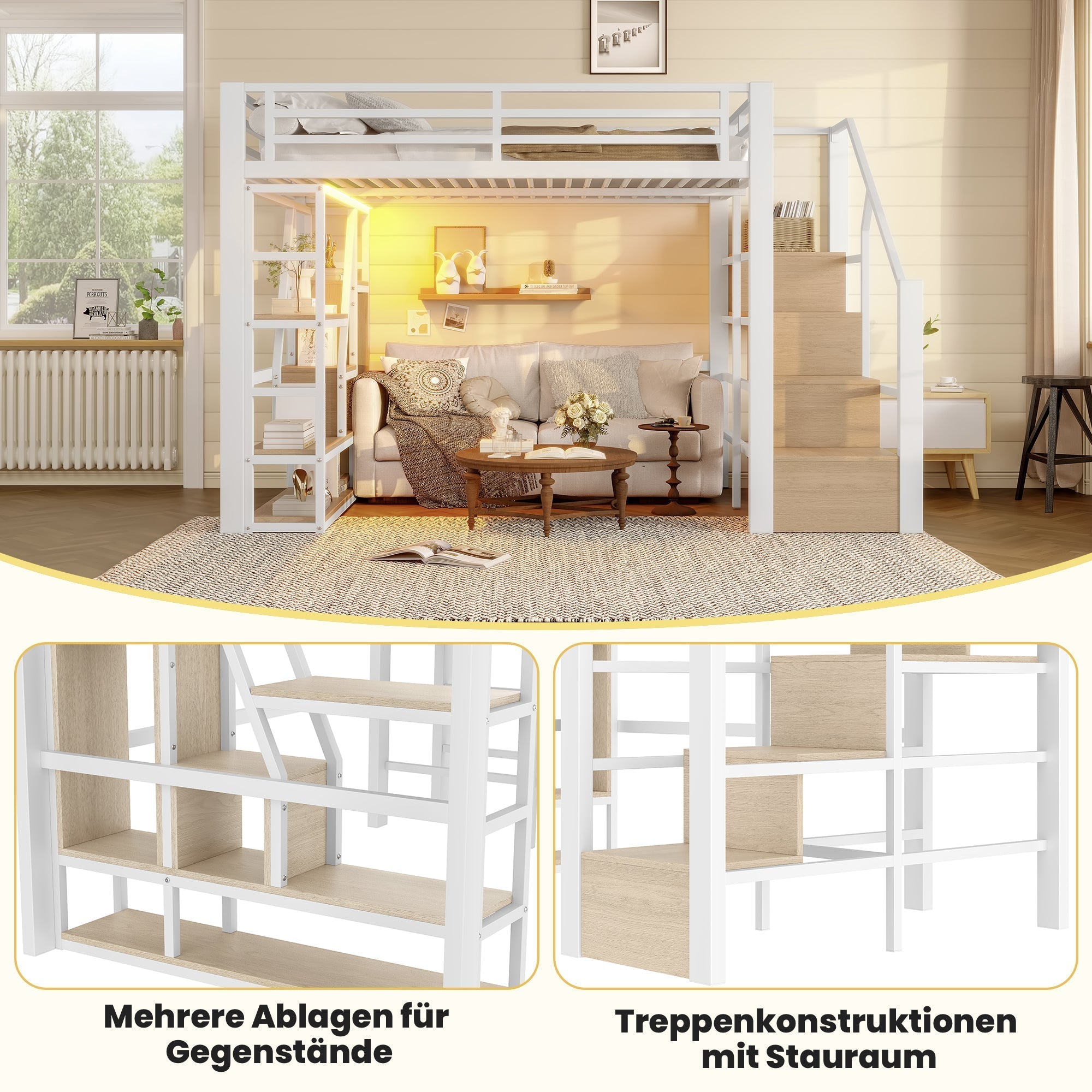 Loft Bed with LED, Storage Compartment and Integrated Steps, 140x200cm, White Iron Frame