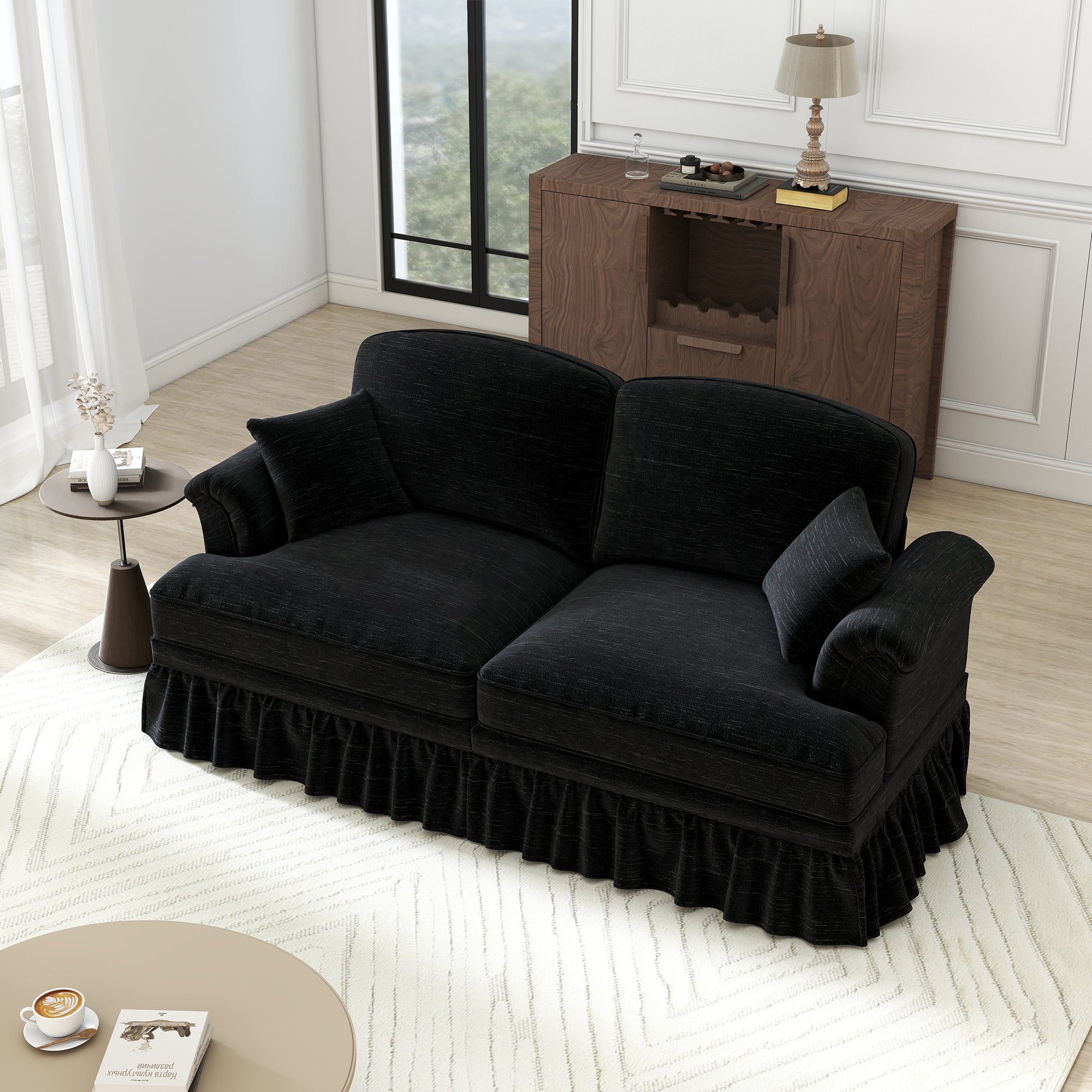 2-Seater Sofa Mid-Century Modern Flared Arms Chenille - Black