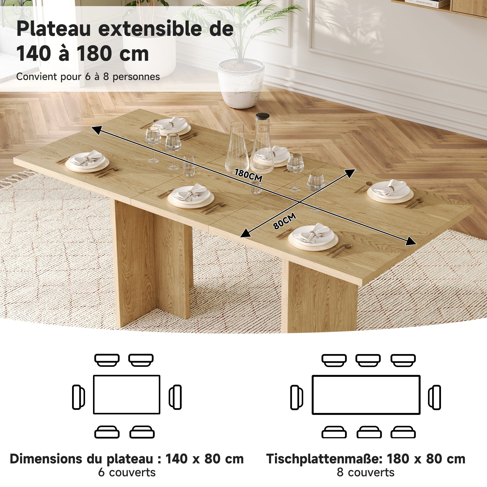 Extendable Dining Table 140/180x80cm Rectangular 6-8 Seater - Oak Color