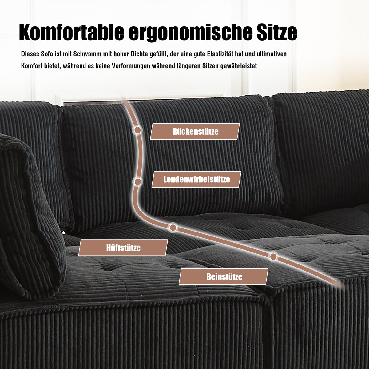 Modular Sofa 6-Seater 308cm, Ergonomic Storage Pockets, Corduroy Black