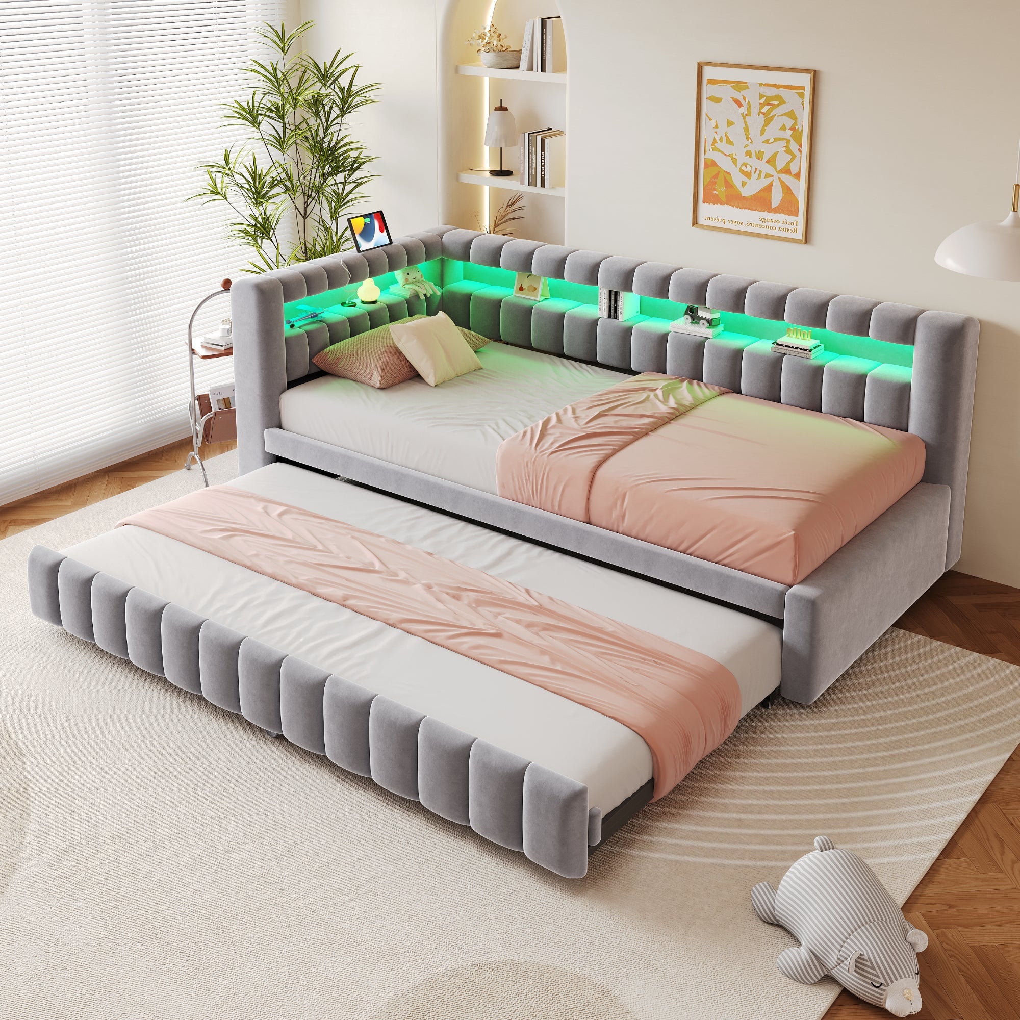Upholstered Extendable Sofa Bed with LED Lighting, USB Port and Striped Pattern, 90x200cm, Light Grey Velvet