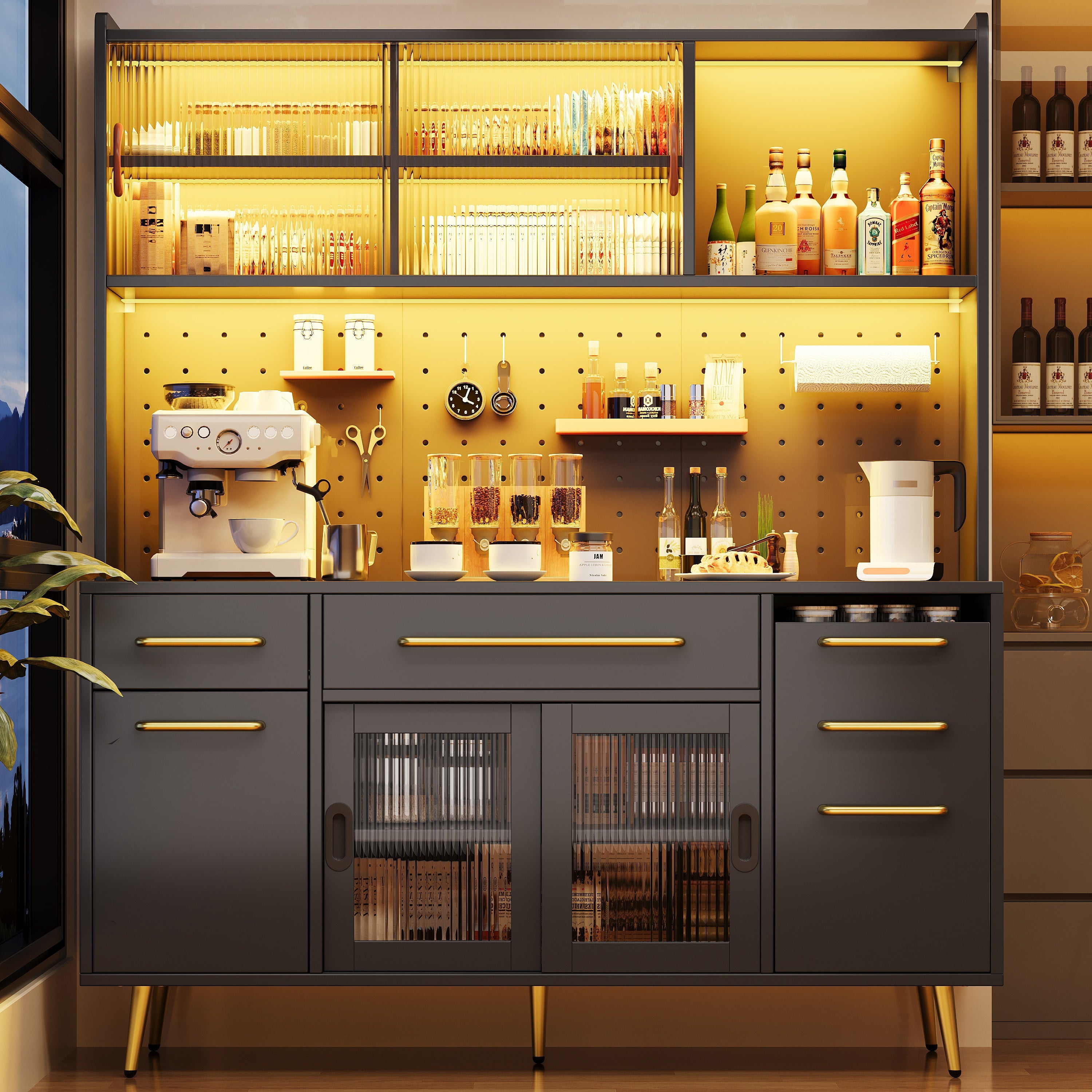 Modern Sideboard Tall Storage Cabinet with LED Lighting and Pegboard, Black