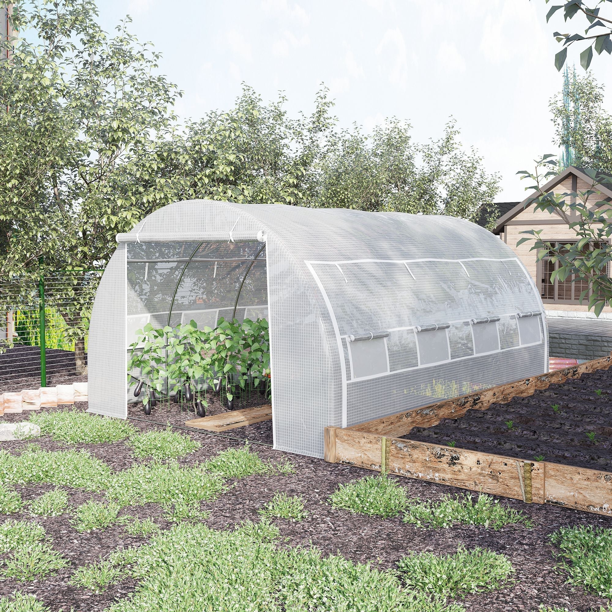 4 x 3 x 2 m Polytunnel Greenhouse Roll-up Sides, Steel Frame, 12 Mesh Windows, White