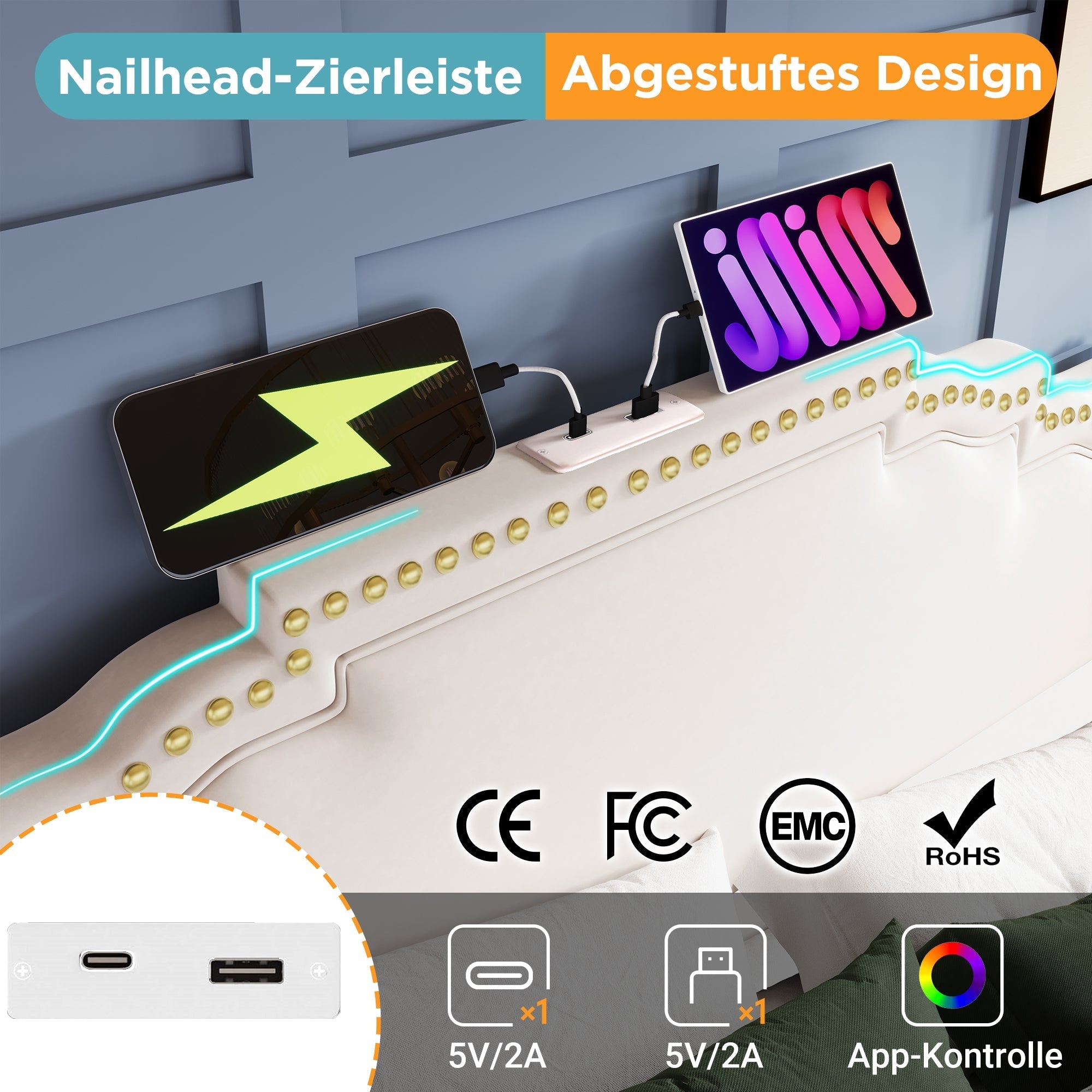 Upholstered Bed 140x200, Hydraulic Storage, LED, USB-C, Velvet Beige