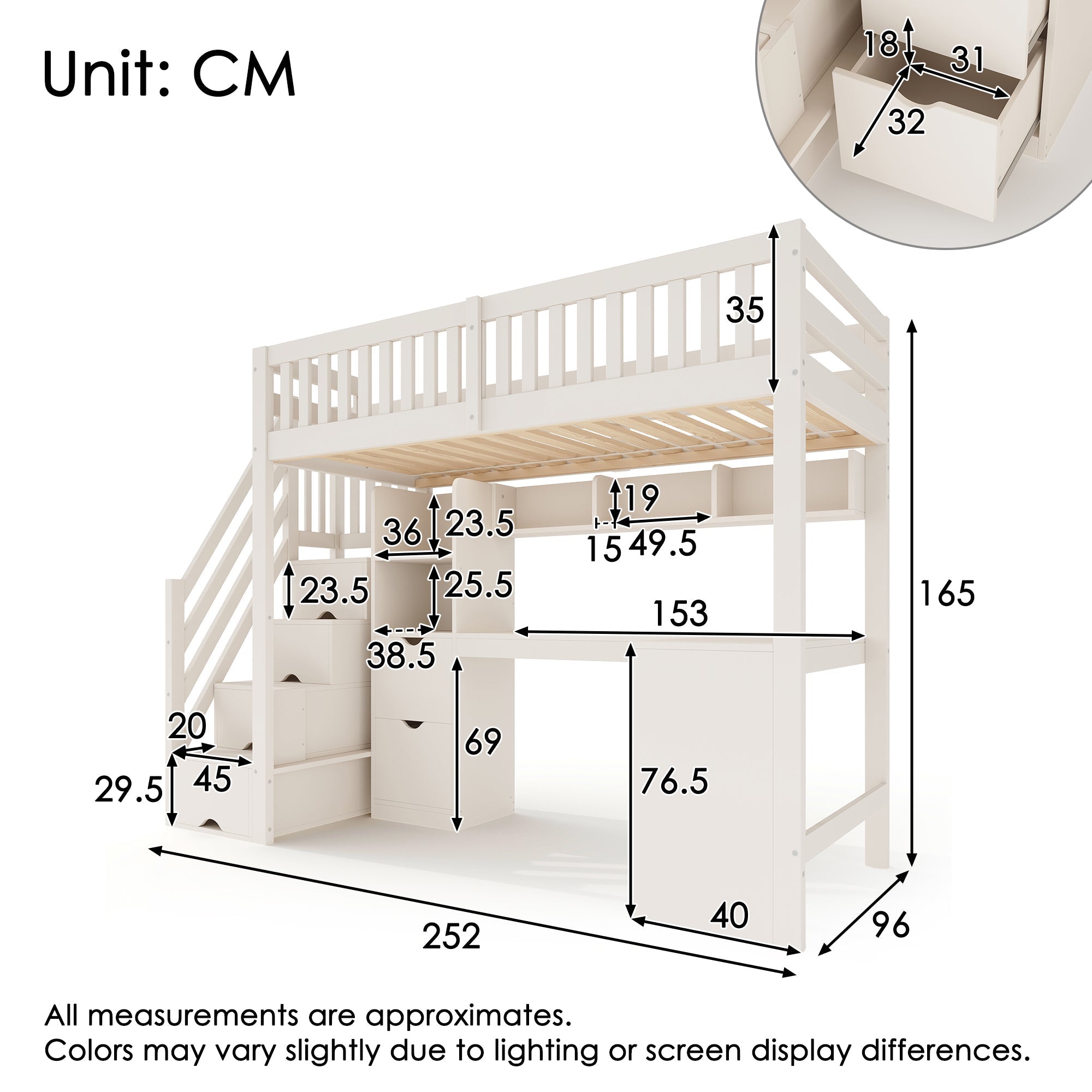Children's Bunk Bed with Staircase, Corner Desk and Storage, White Pine Wood