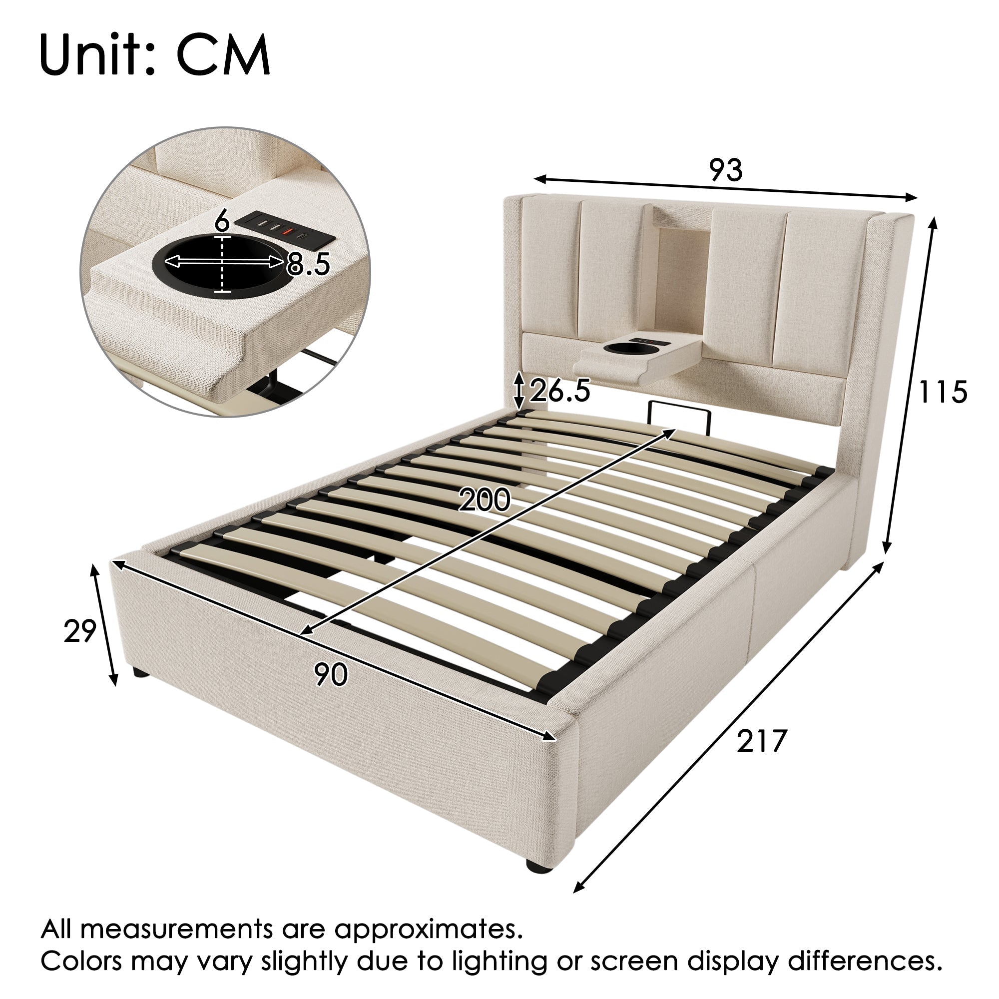 Upholstered Single Bed 90x200cm Hydraulic Storage Cup Holder Charging Station - Linen Beige