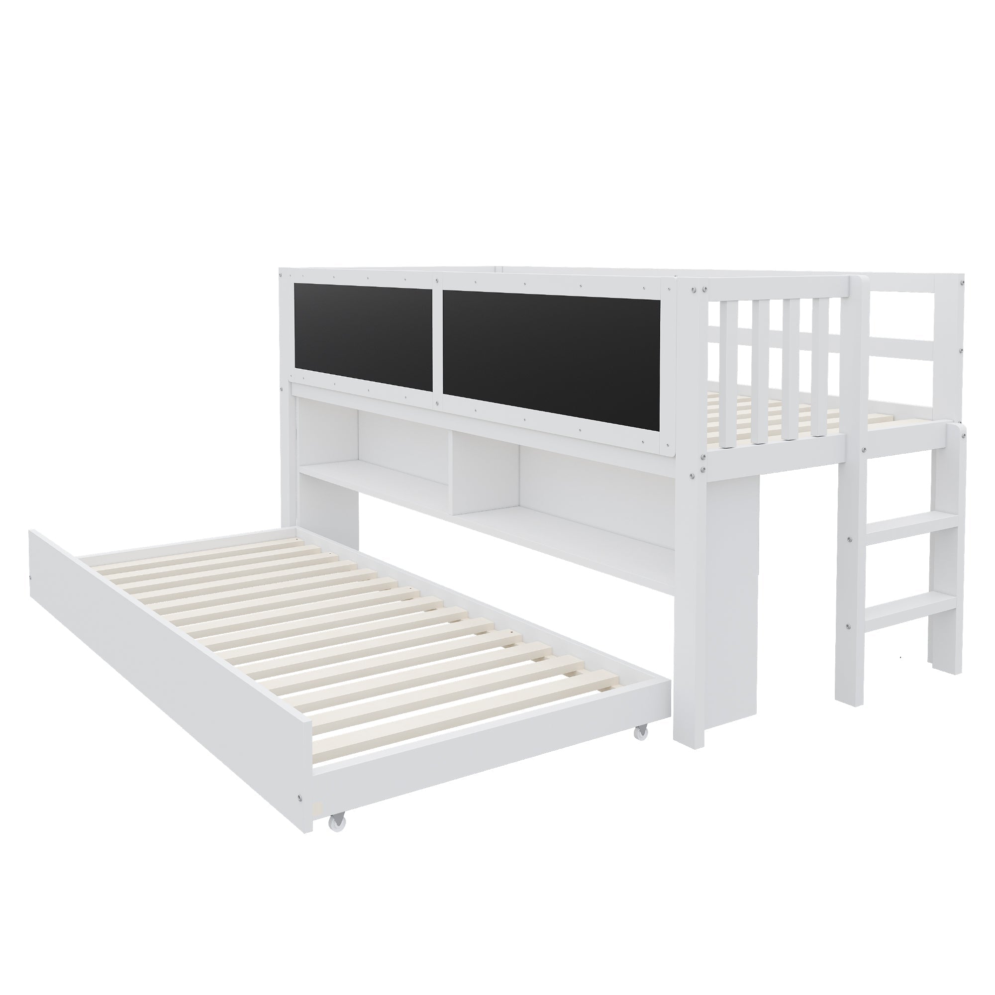 Children's House Bed 90x200 Extendable Chalkboard Storage Climbing Ladder - Solid Wood White