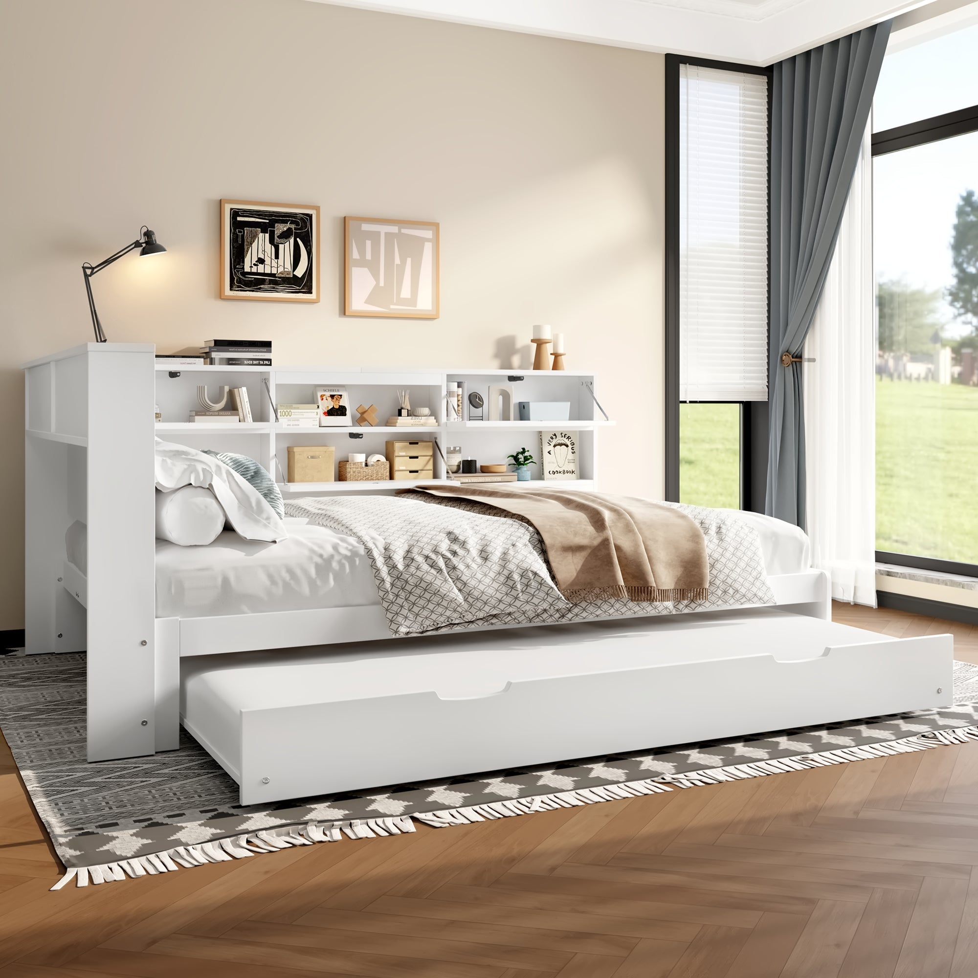 Daybed Sofa Bed with Storage Headboard and Extendable Trundle, 140x200cm, White