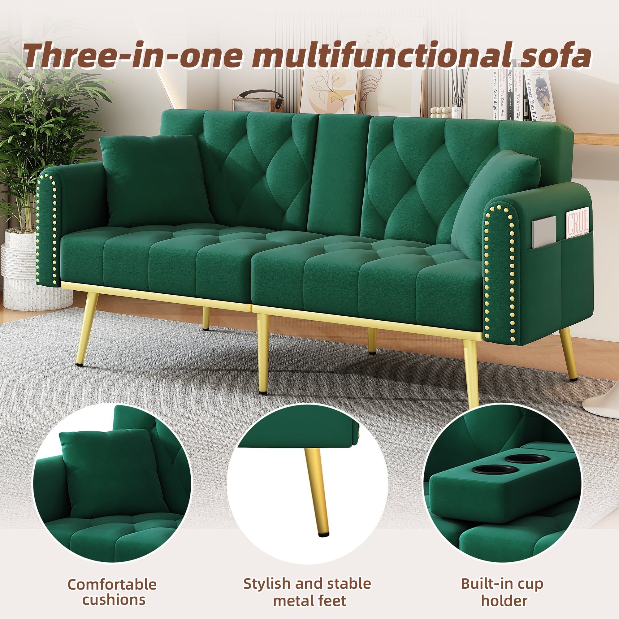 Double Fold-out Sofa Bed Reclining 3-Angle Cup Holders - Fabric Green