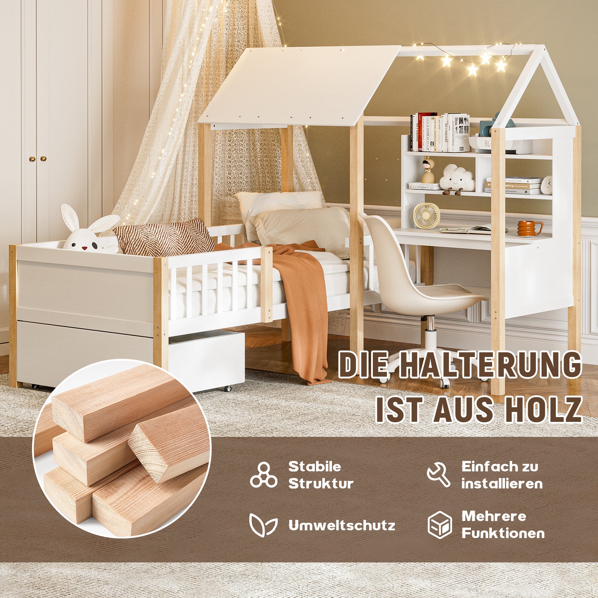 Children's House Bed 90x200cm Multifunctional Desk Bookshelf Drawers Solid Wood White