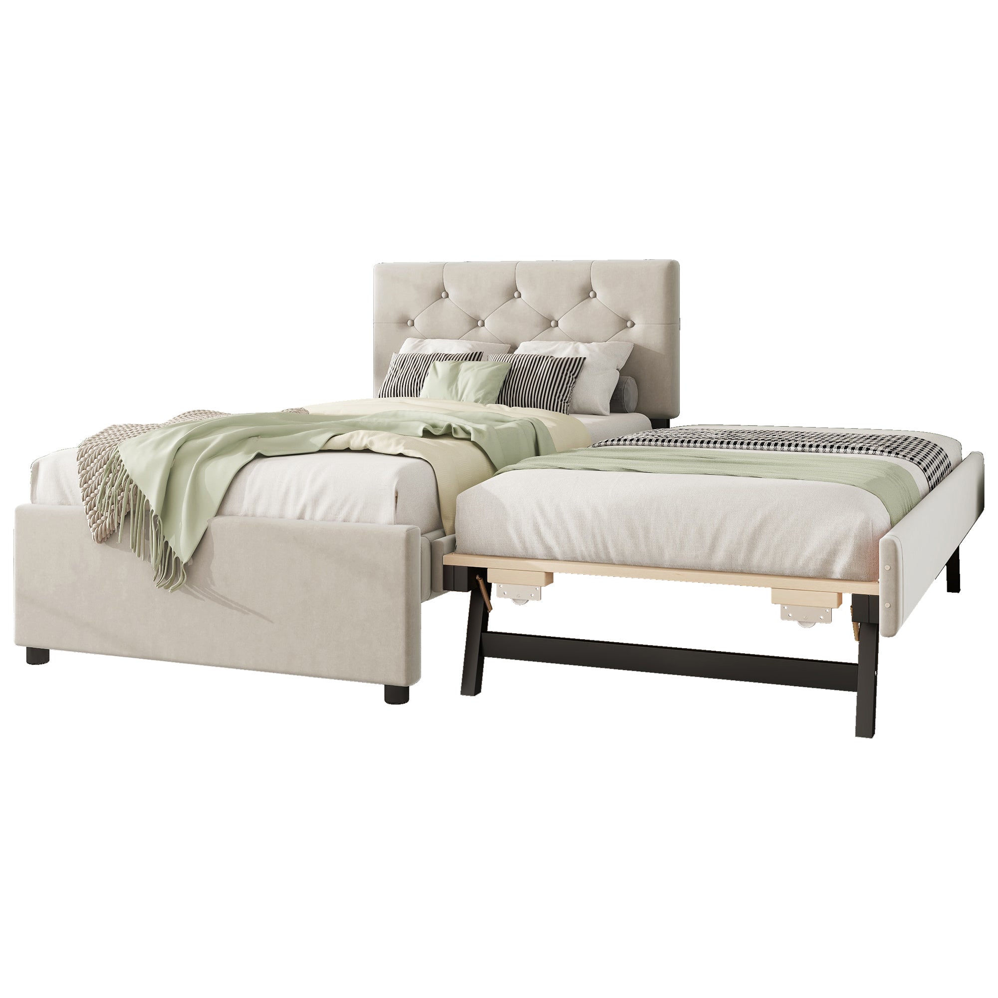 Upholstered Bed with Slatted Base and Rolling Storage, 90x200cm, Beige Velvet