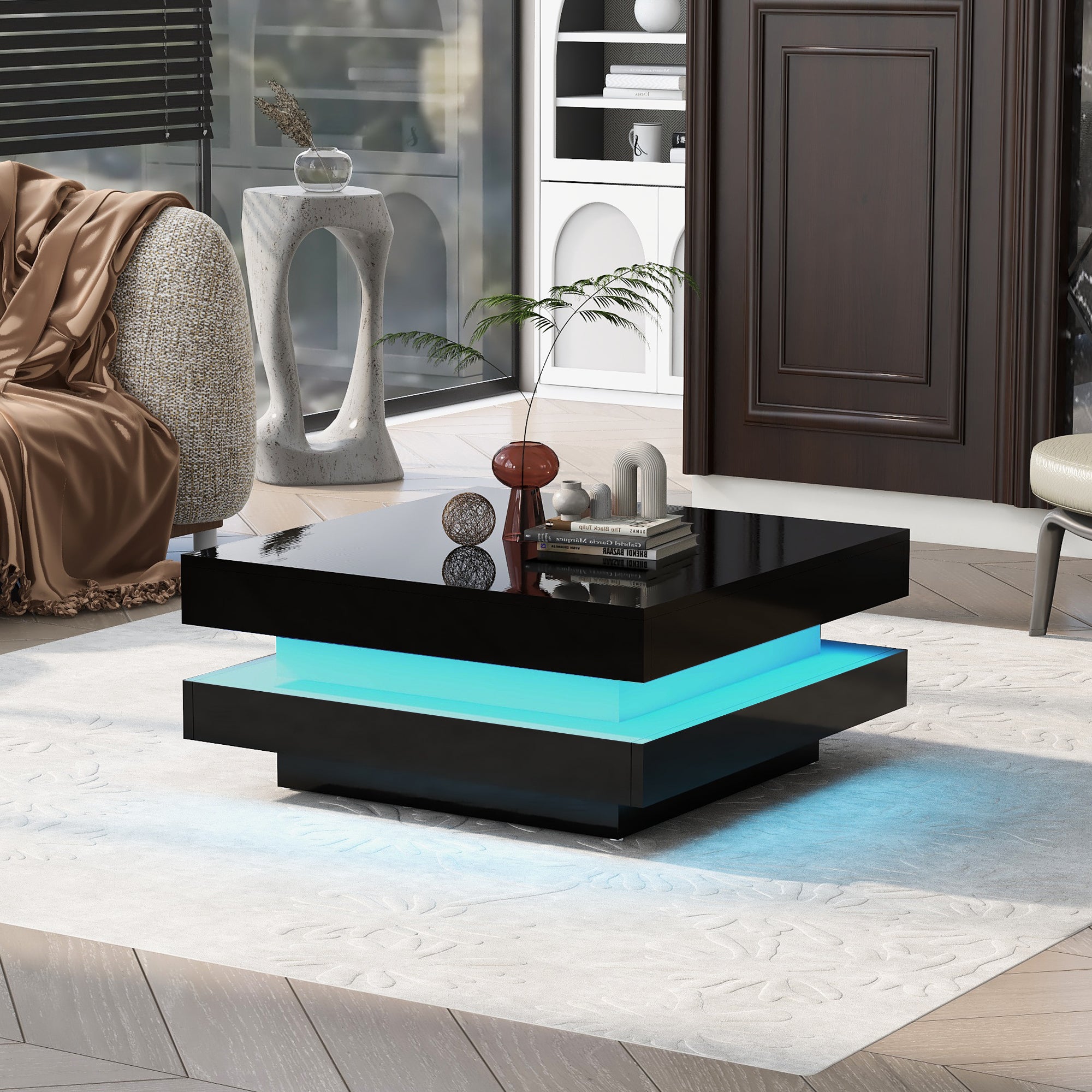Black Square High Gloss Coffee Table with 360° Rotating Top, Tea Table with 16-Color LED light, 70x70x36 cm