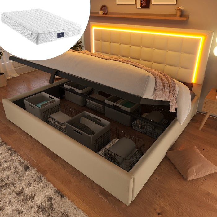 Upholstered Bed with Storage, LED Lighting and Mattress, 140x200cm, White Faux Leather