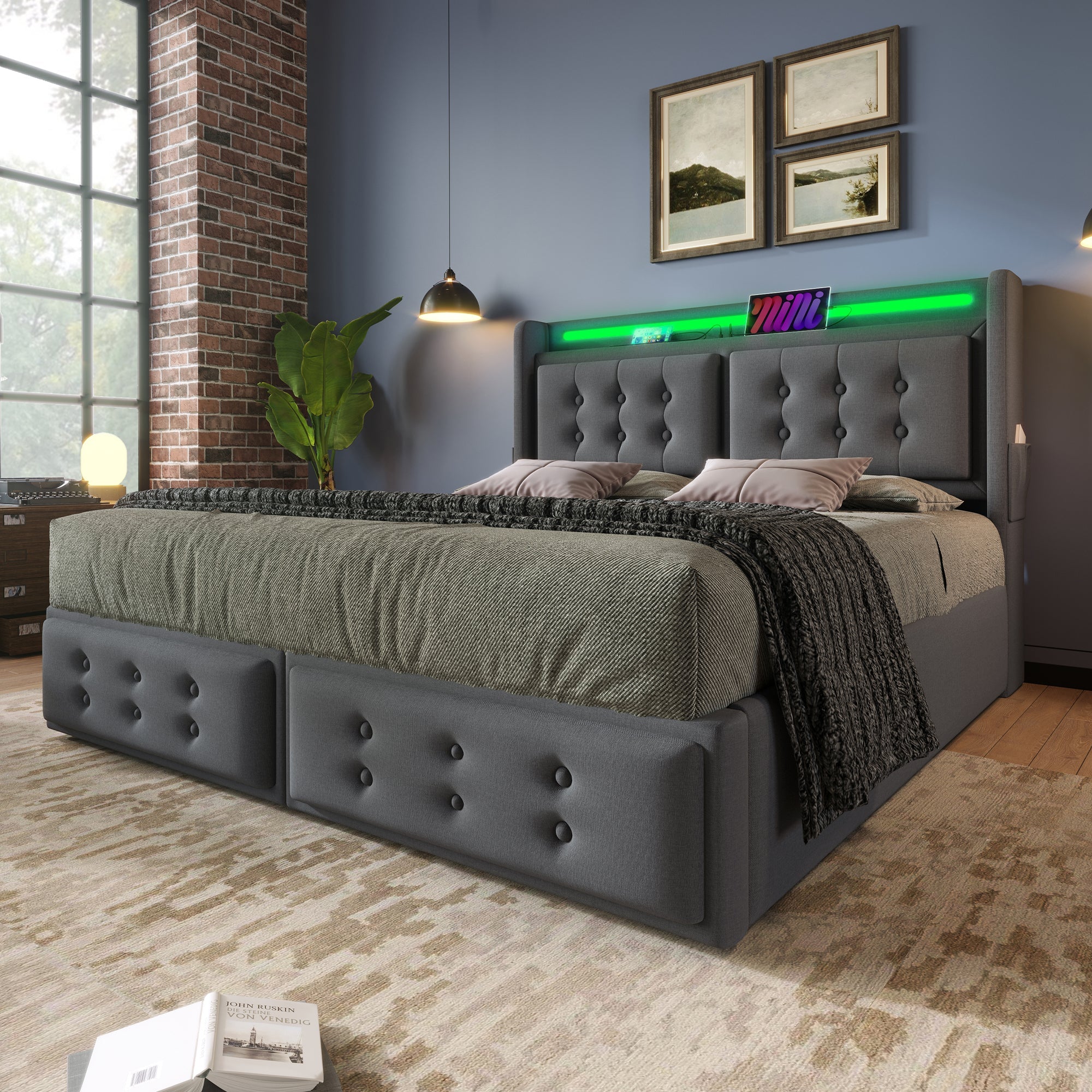 Upholstered Bed 180x200, LED Headboard & USB-C, Hydraulic, 300 kg, Gray Cotton