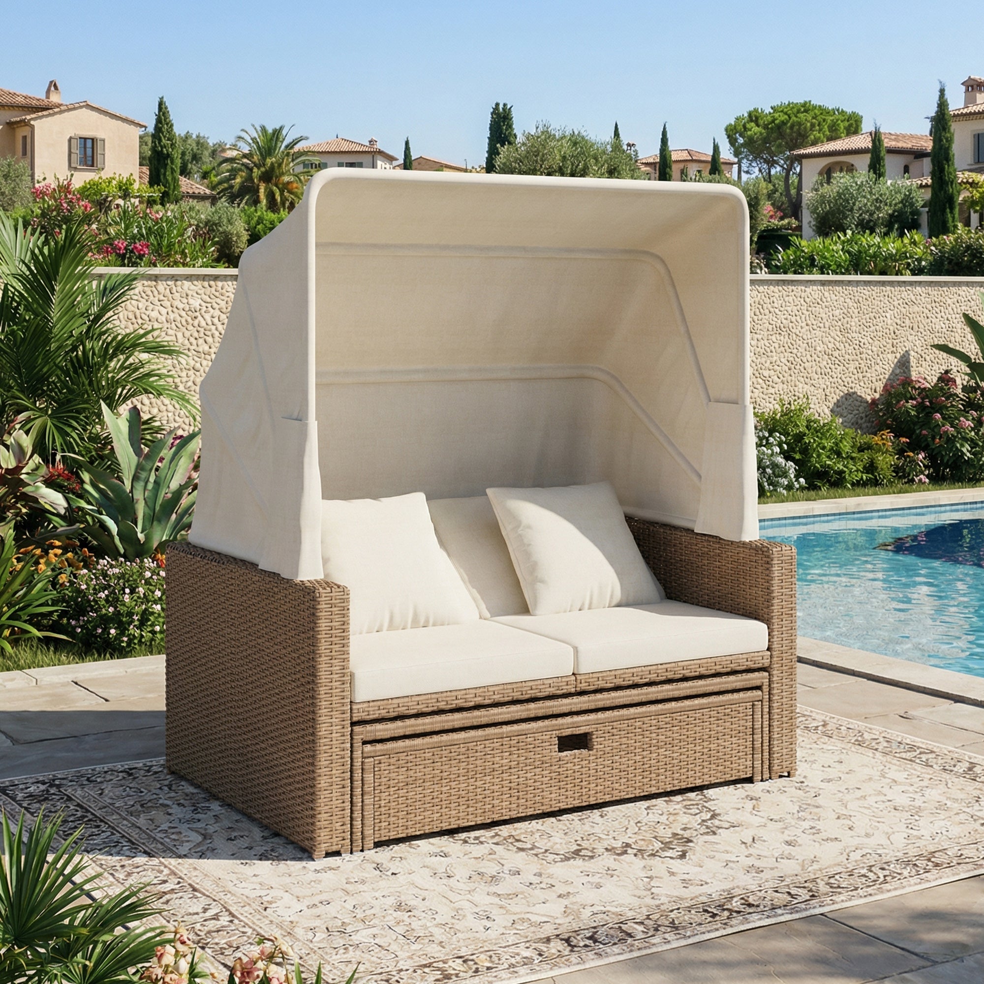 Polyrattan Garden Furniture Set with Adjustable Coffee Table and Removable Awning, Khaki PE Rattan