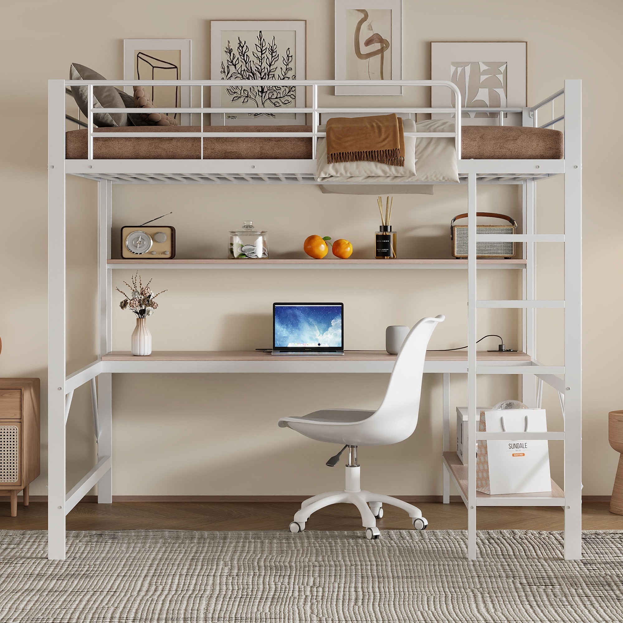 Loft Bed 140x200cm Desk Shelf LED USB/Power Outlet - White Metal