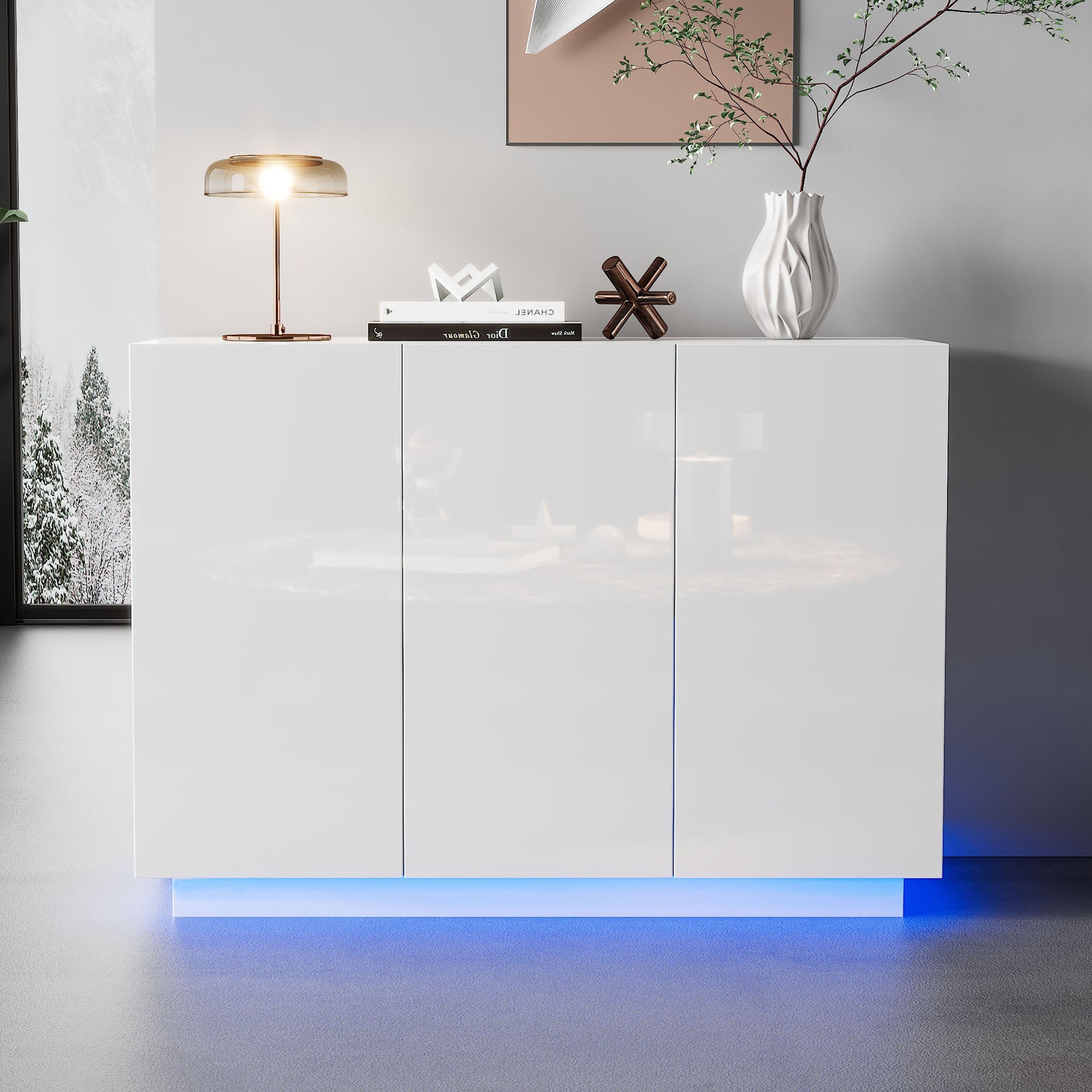 Dining Room Cabinet Sideboard, Open/Closed Storage LED Light, 120x40x75CM, White High-Gloss