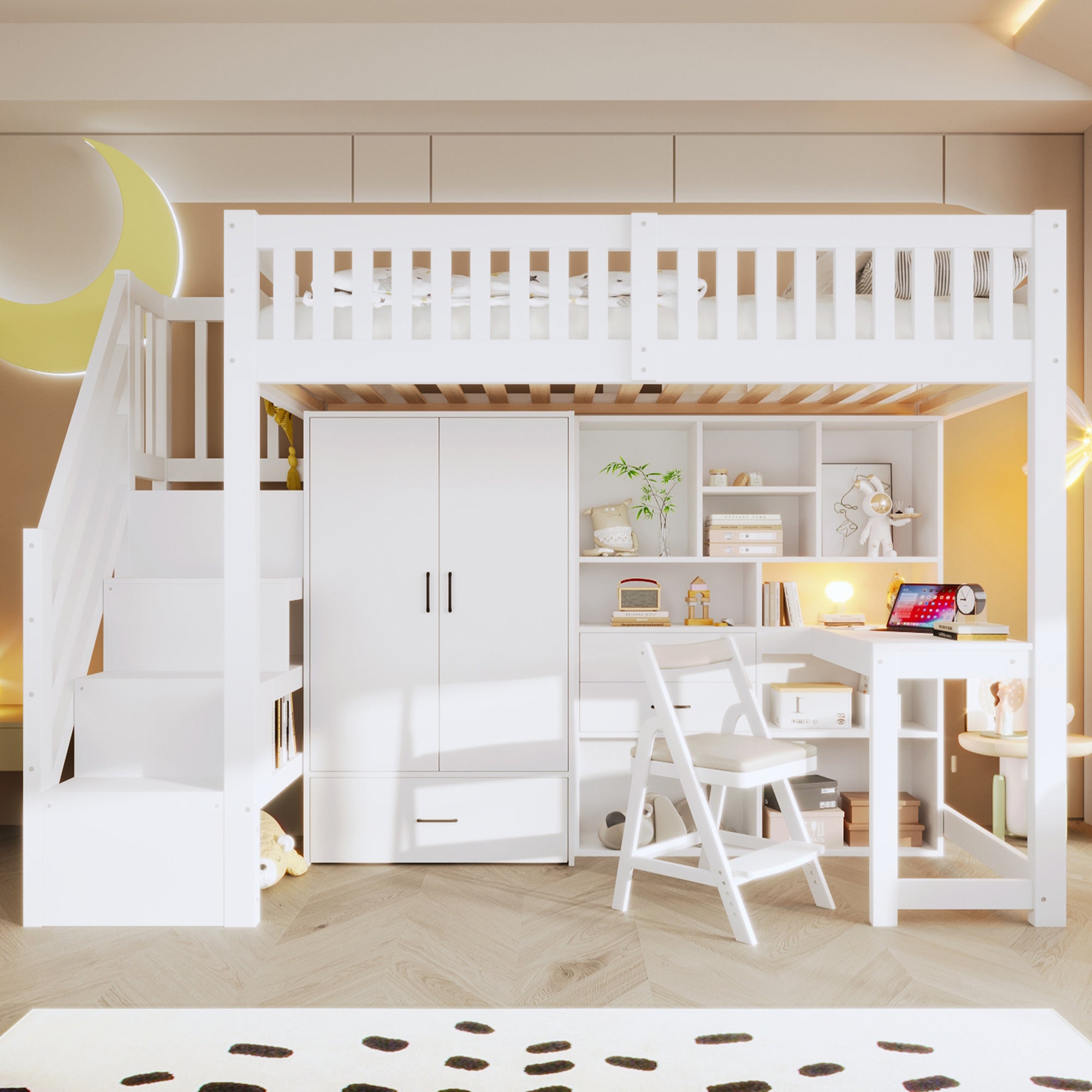 Loft Bed with Wardrobe, Desk and Storage Ladder, White