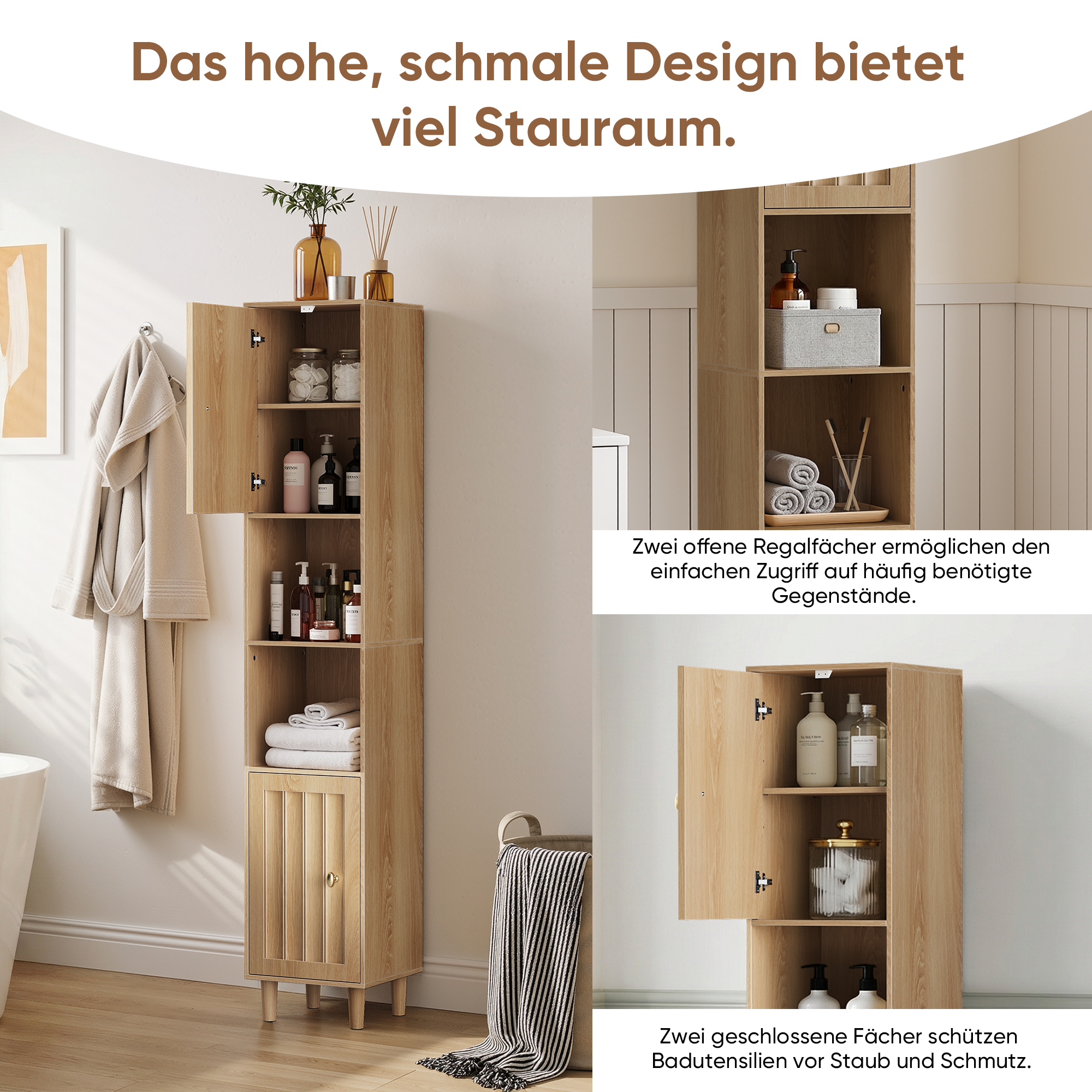 Tall Cabinet Washing Machine Cabinet with Doors and Open Shelves, Narrow Freestanding Storage, Oak Look