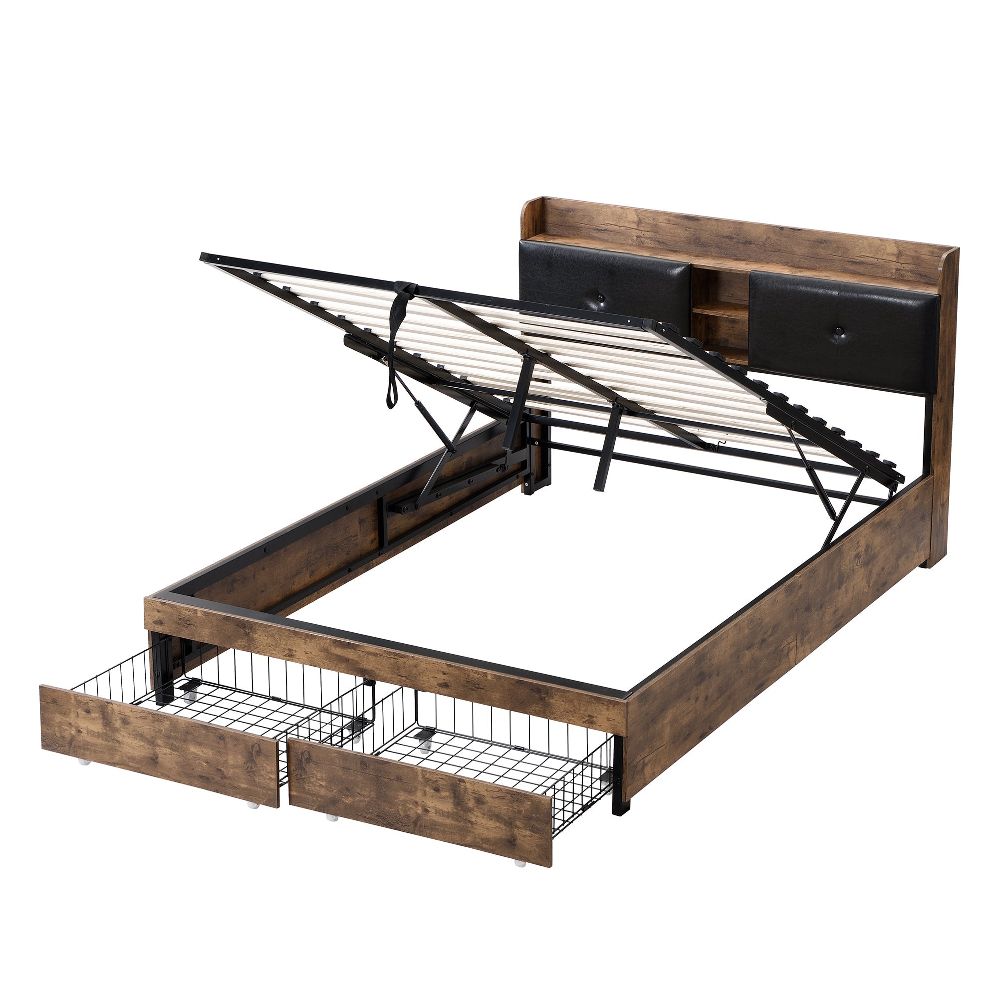 N634P199603A Storage Headboard Bed with 2 Drawers, Wood Grain Finish