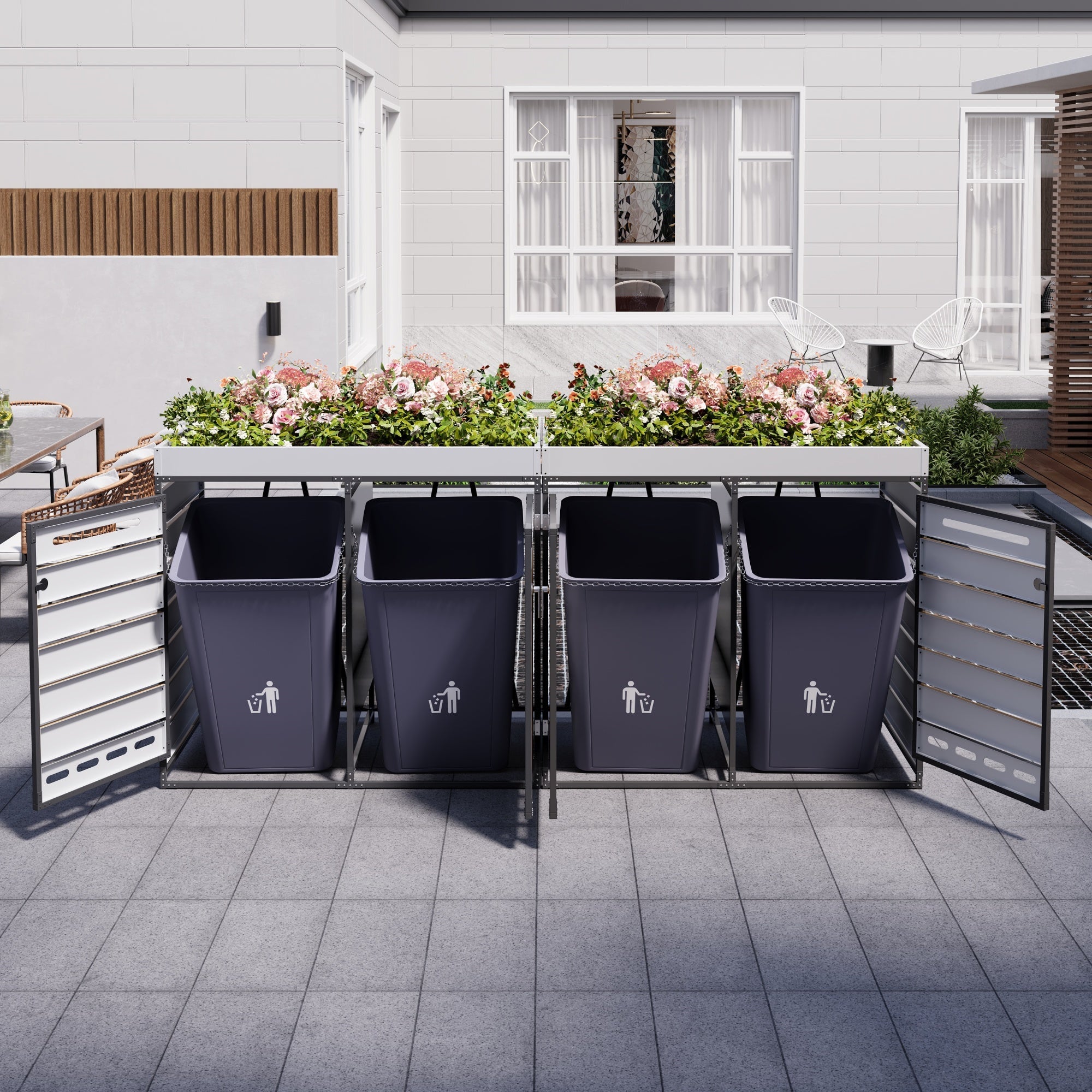 Bin Storage Unit with Planter Box, Slotted Ventilation and Lock, Iron with Wood-Look Slats