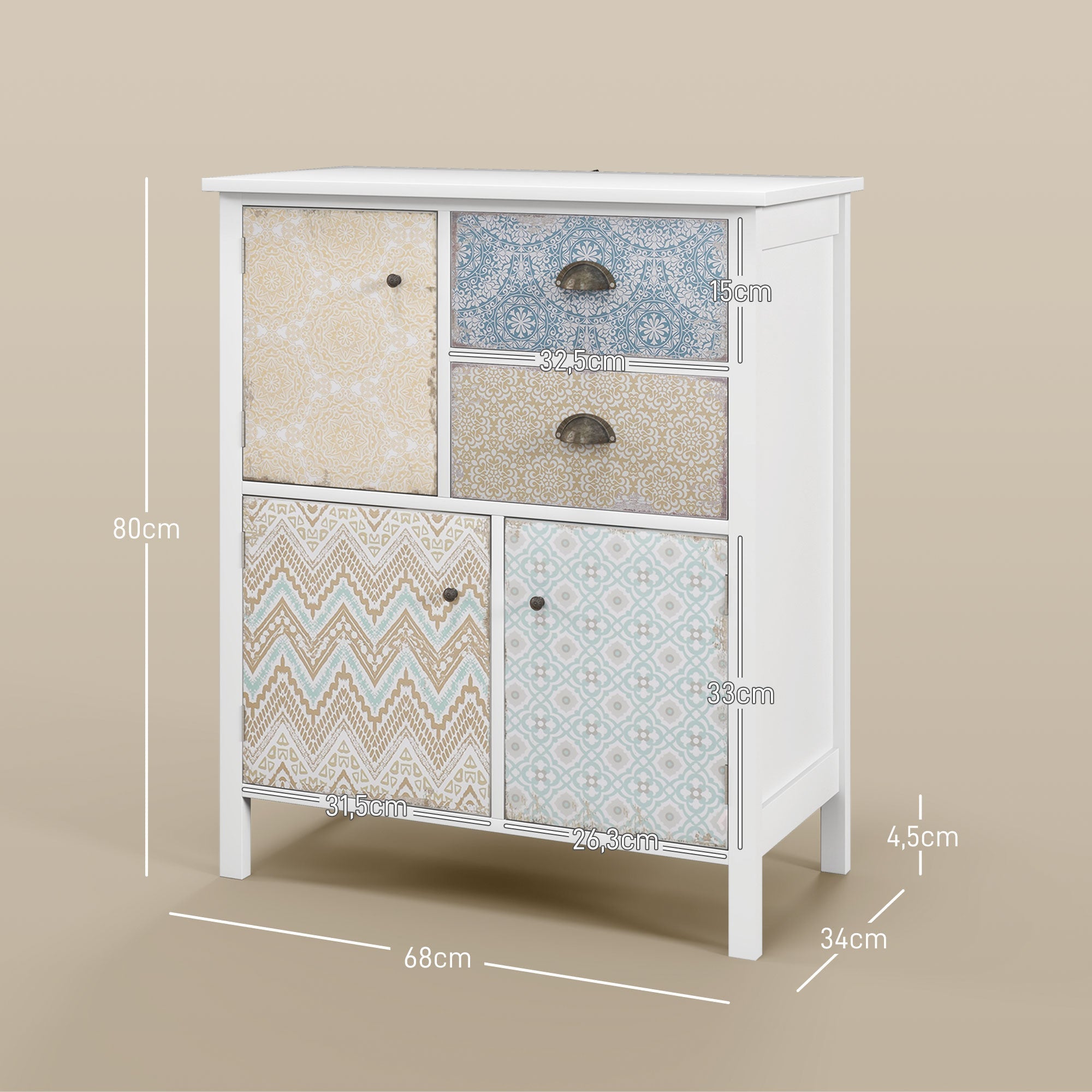 Chest of Drawers Storage Cabinet, 2 Drawers 3 Compartments, Anti-tip, White