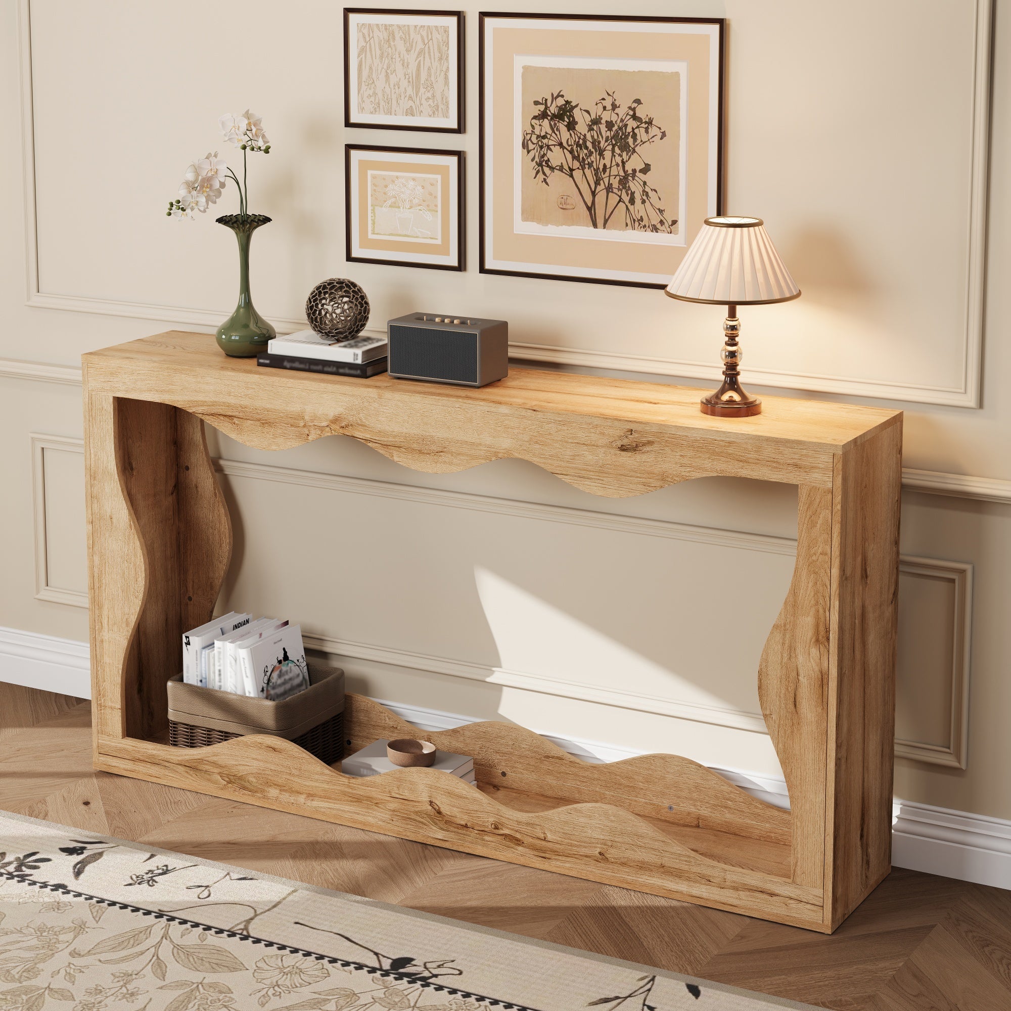 Wavy-Edge Console Table with 2-Tier Shelf and Natural Edge Design, Wood-Look