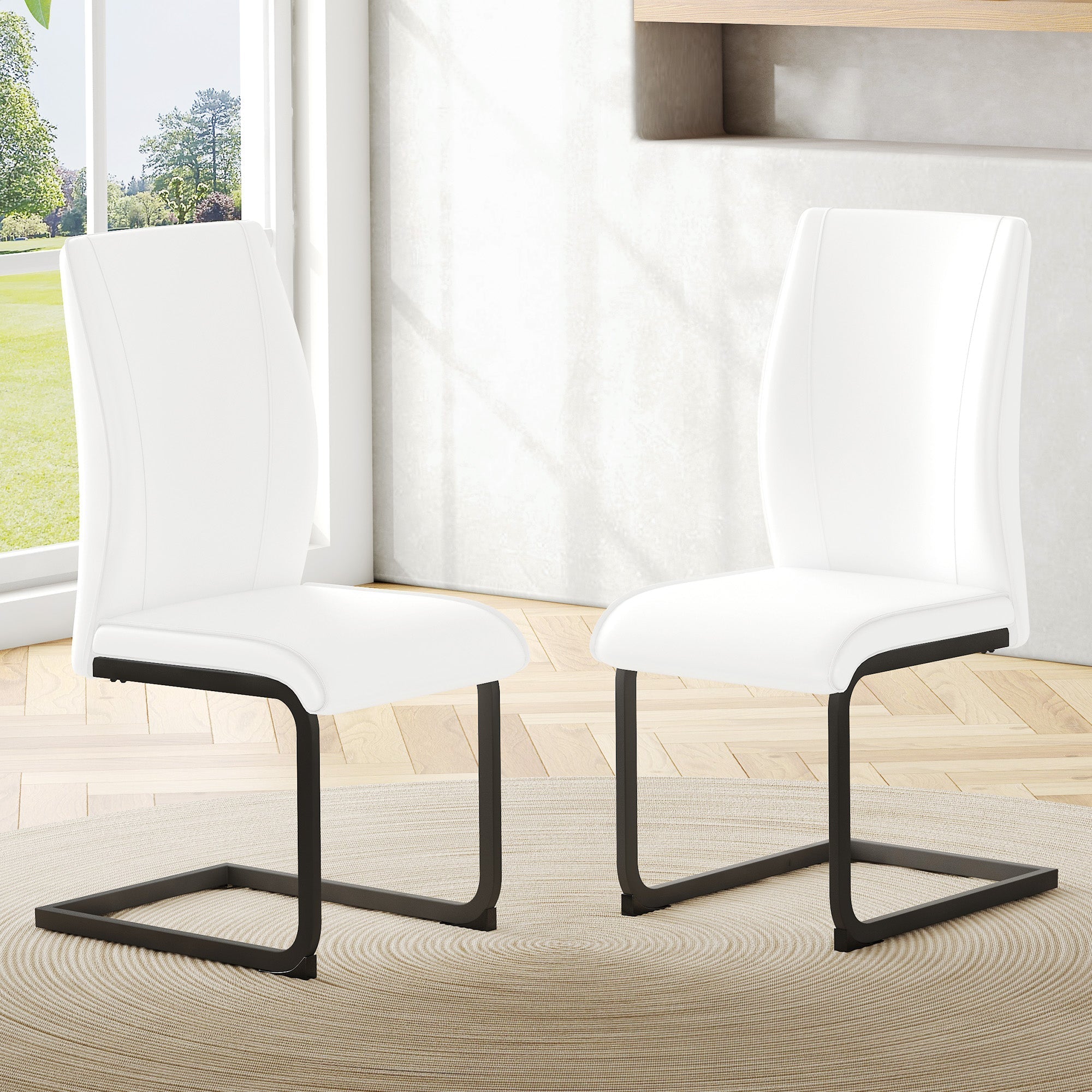 Dining Chairs Set of 2 Faux Leather Ergonomic Black Metal Legs - White