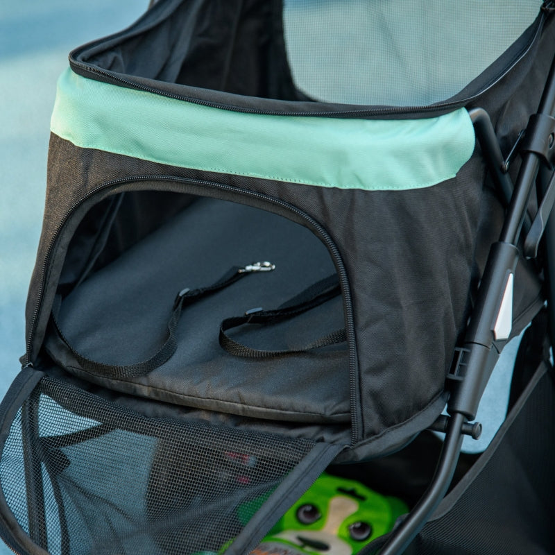 Tierkinderwagen, faltbar mit Regenschutz & 2 Getränkehaltern, Blau + Grün