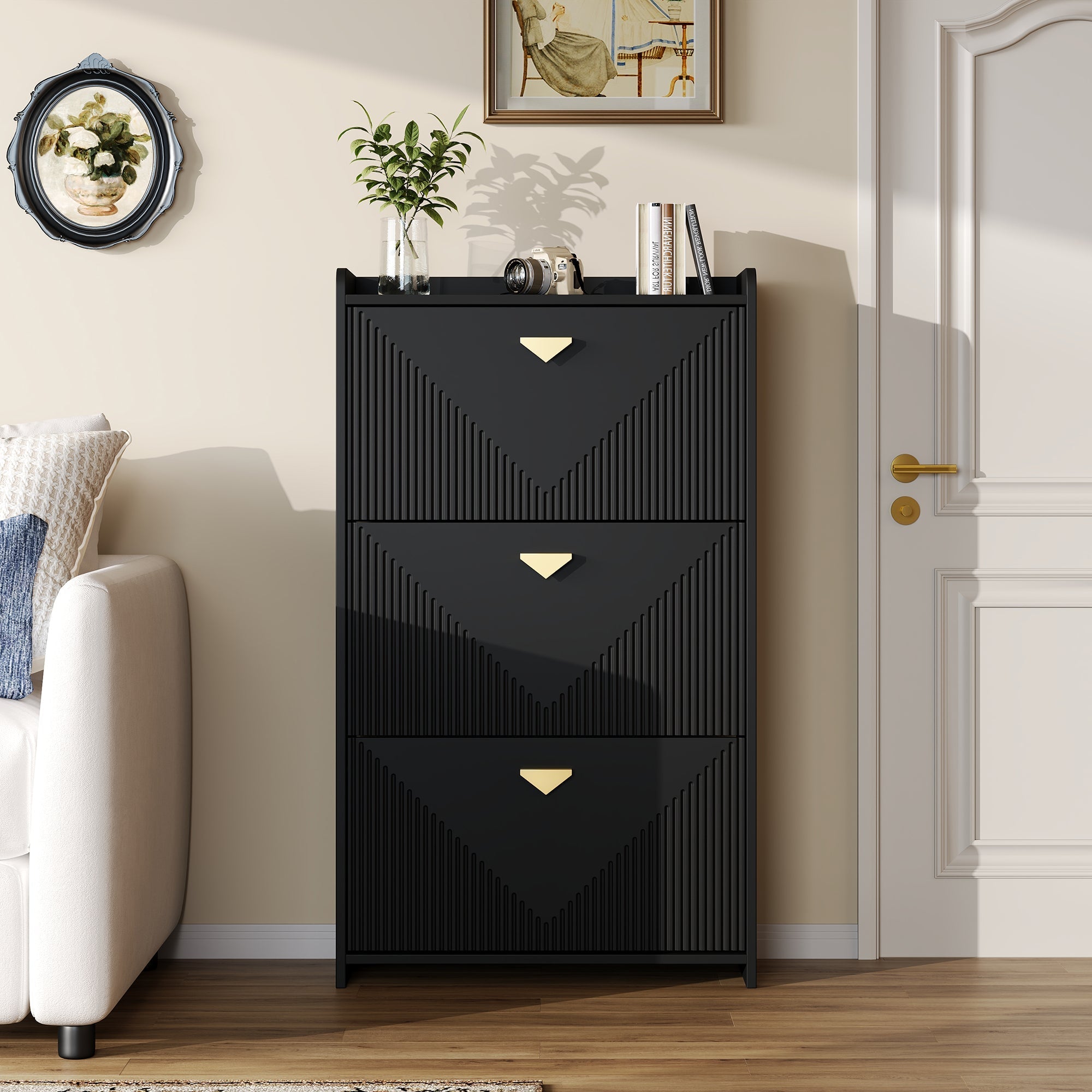 Shoe Cabinet 70x30x120cm 3 Drop-Down Doors 6 Compartments Adjustable Width Black