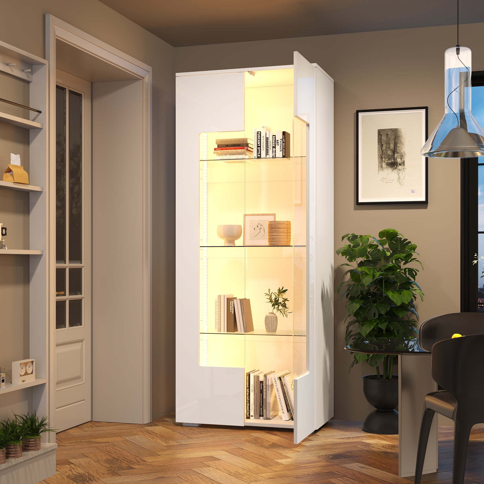 Living Room Display Cabinet, 2 Acrylic Doors, LED Light Strip, Tempered Glass, White MDF