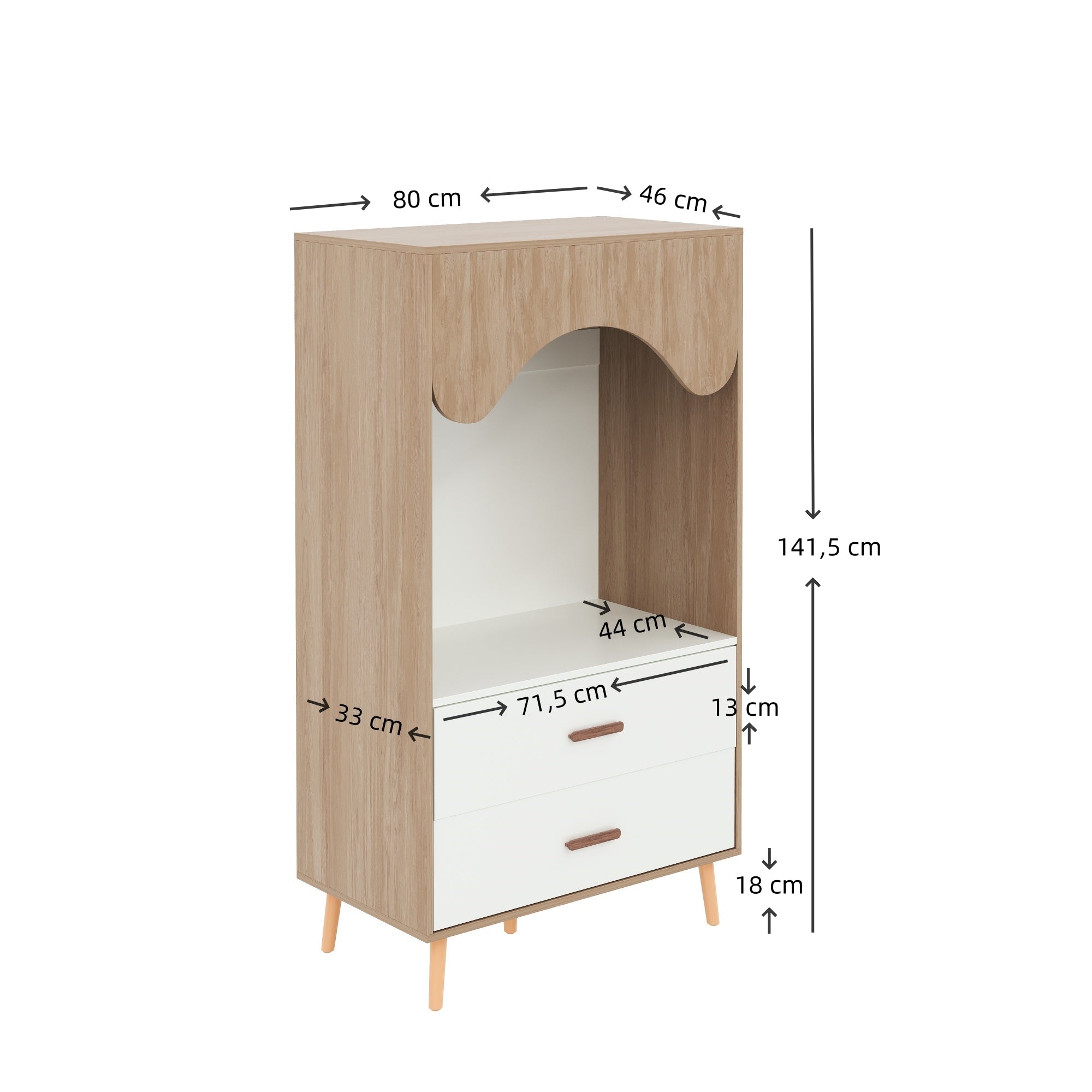 Children's Wardrobe, Sliding Door + Open Combination, 141.5cm, White + Natural Wood