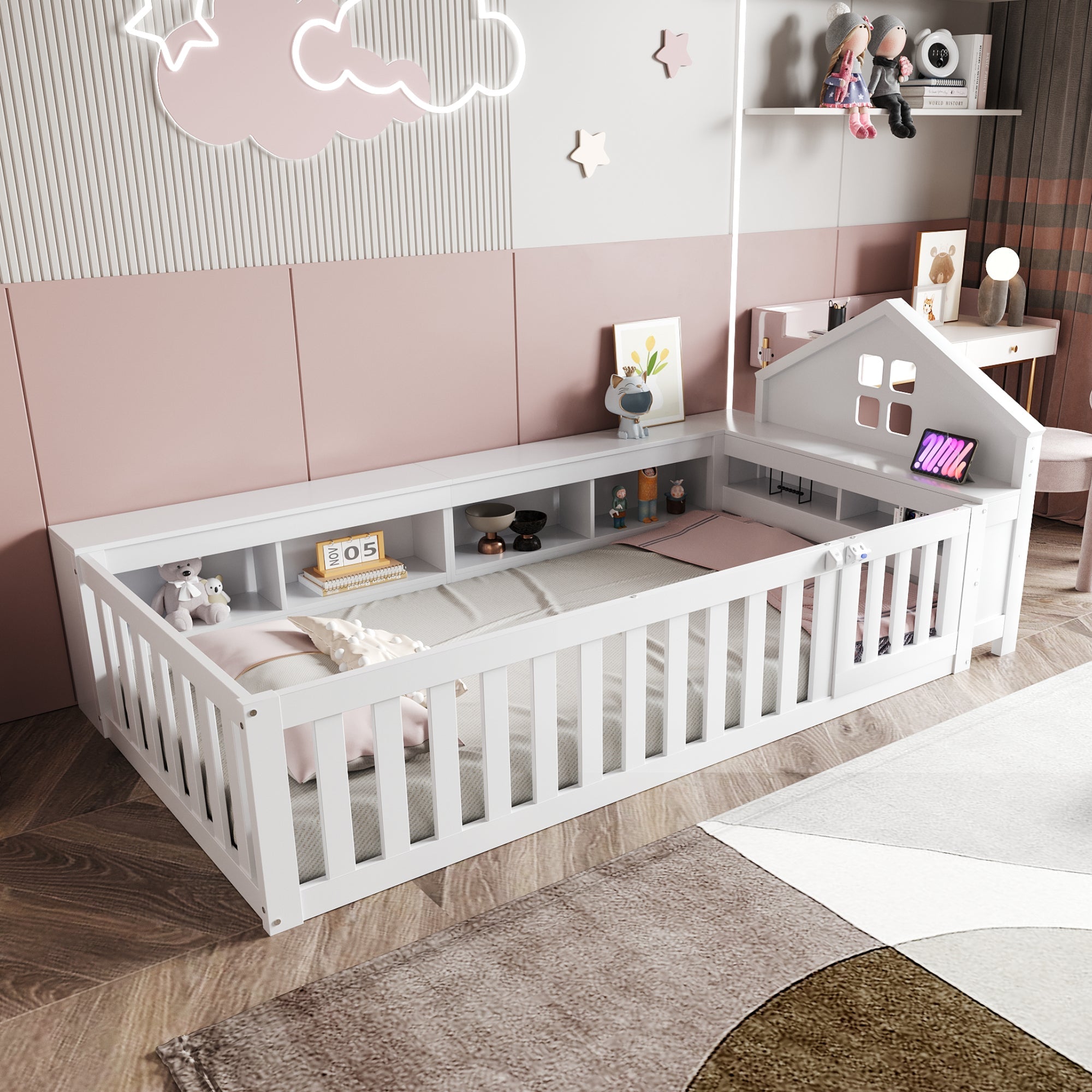 Children's Bed 90x200cm, Roof & Window, Storage, Safety Gate & Door, Solid Wood, White