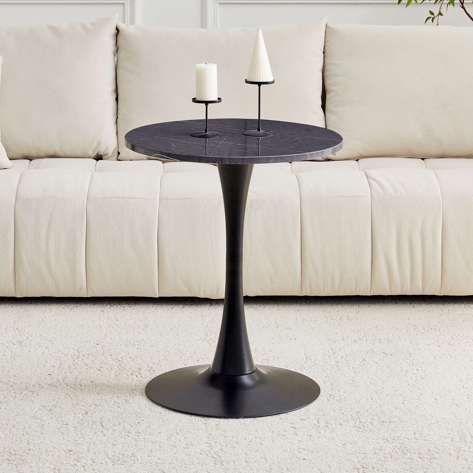 Round Side/Dining Table 60cm Marble Look - Black MDF