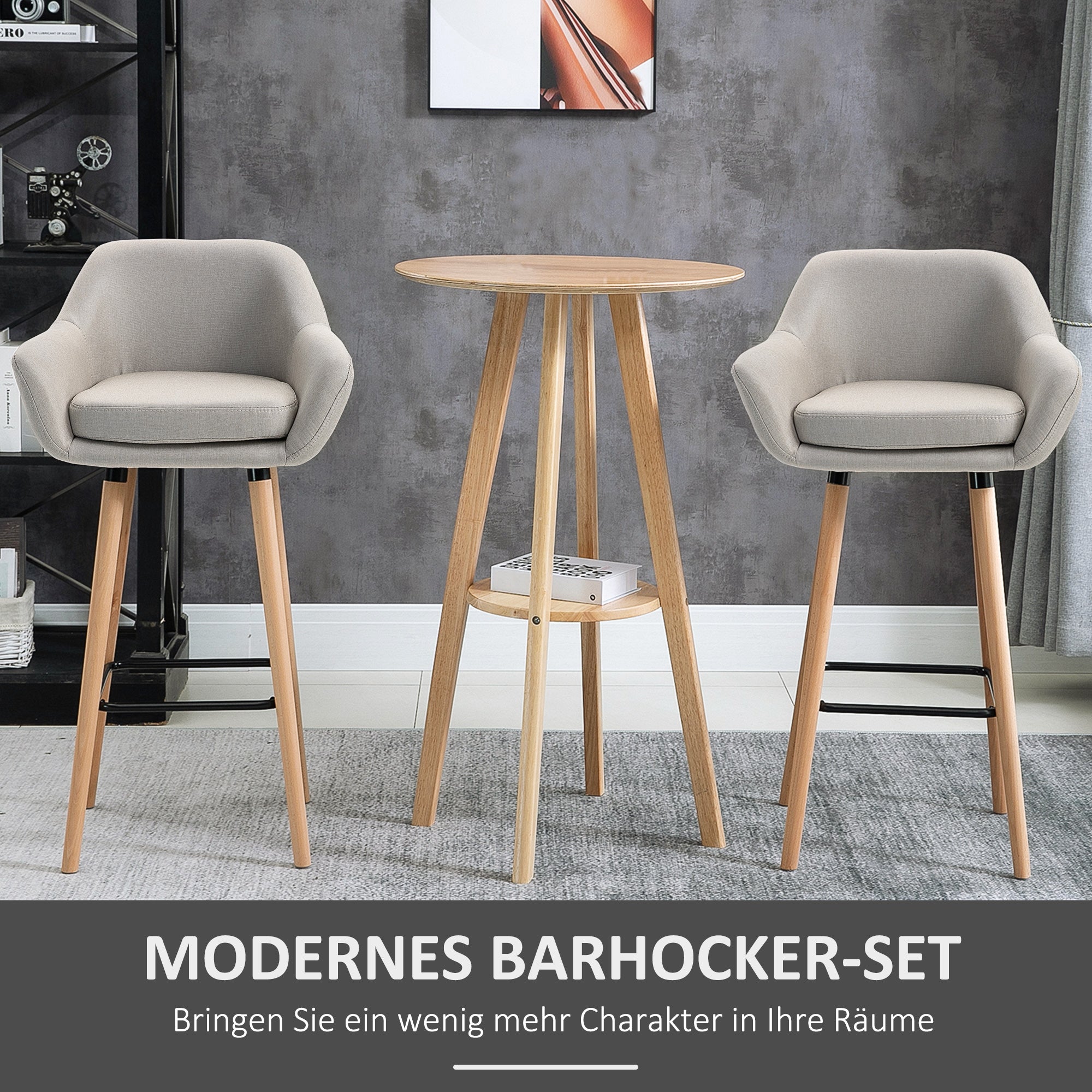 Bar Stool Set of 2, Comfortable Kitchen Stools with Footrests, Linen Beige/Beechwood