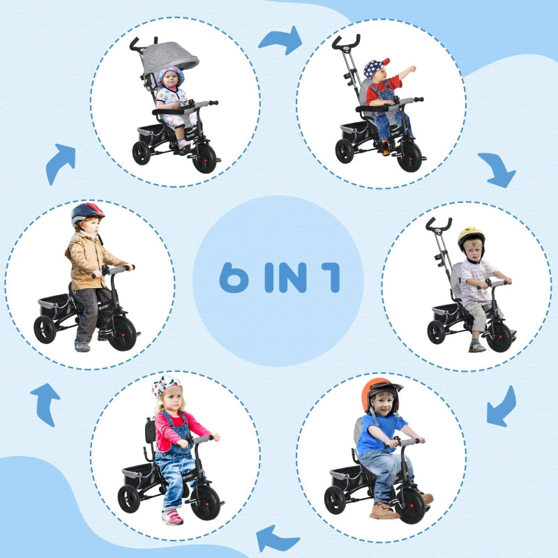 6-in-1 Children's Tricycle with Push Bar, Canopy and Storage Basket, Grey